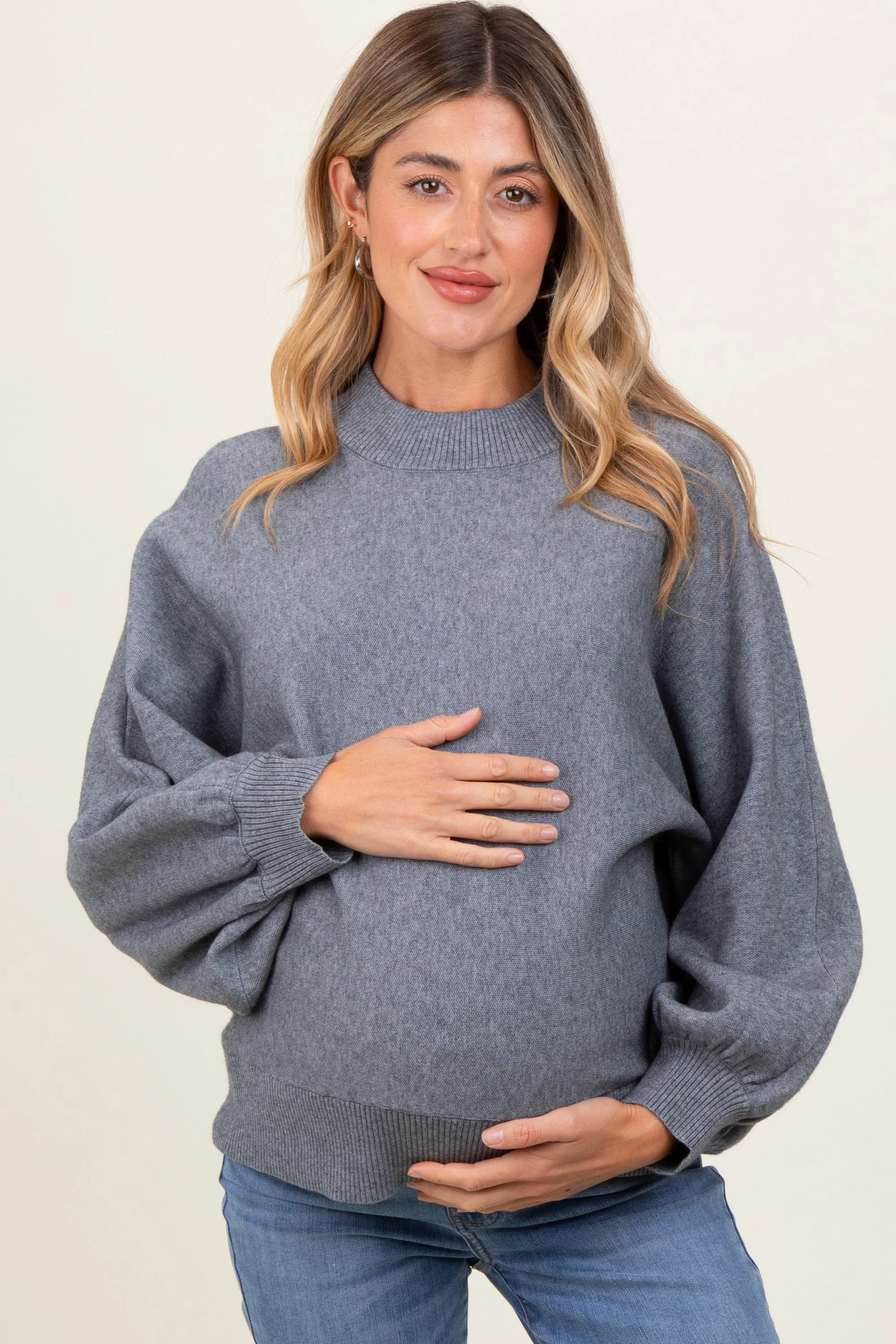 Grey Oversized Bubble Sleeve Maternity Sweater sold by Pinkblush