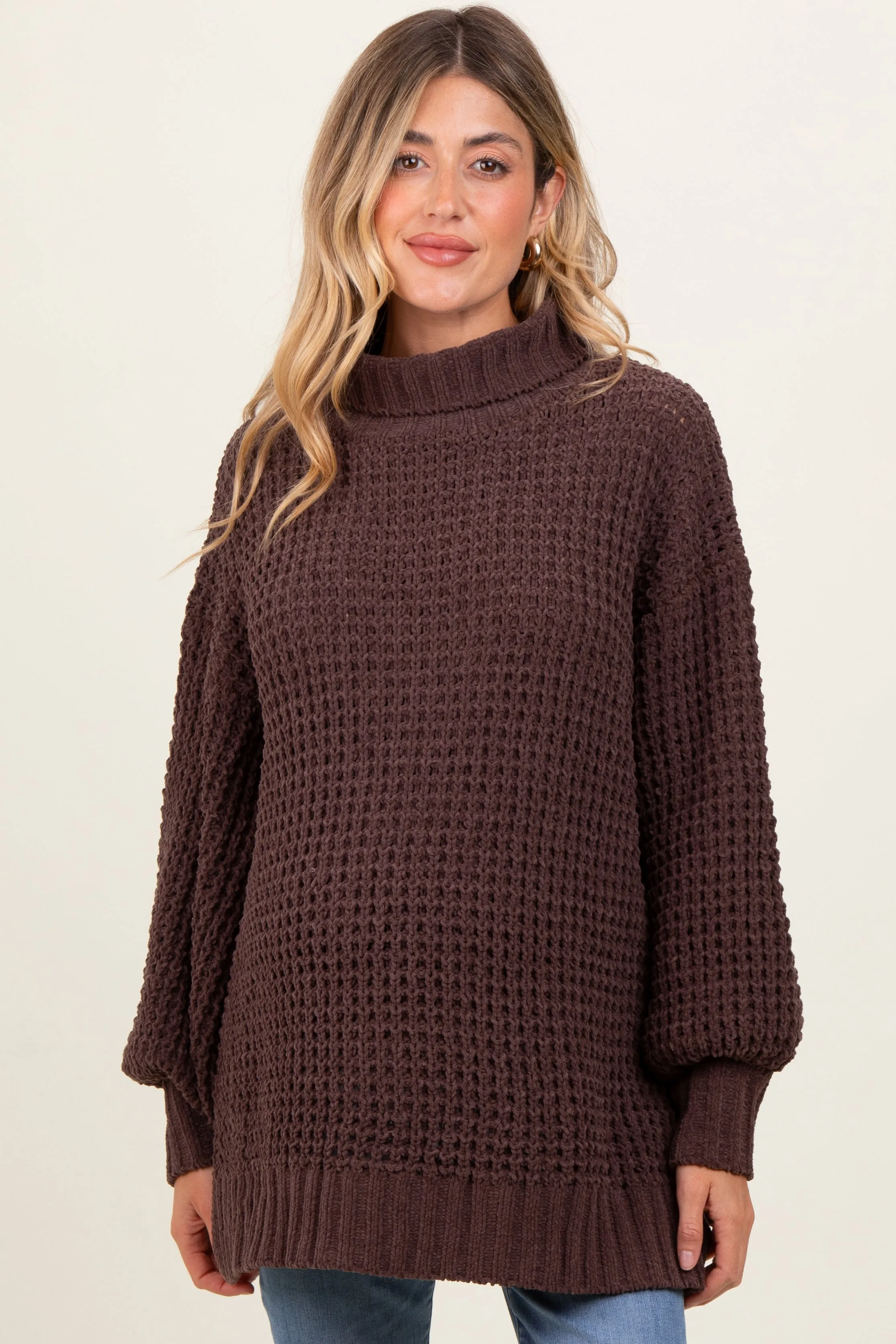 Brown Chunky Waffle Knit Maternity Turtleneck Sweater sold by Pinkblush