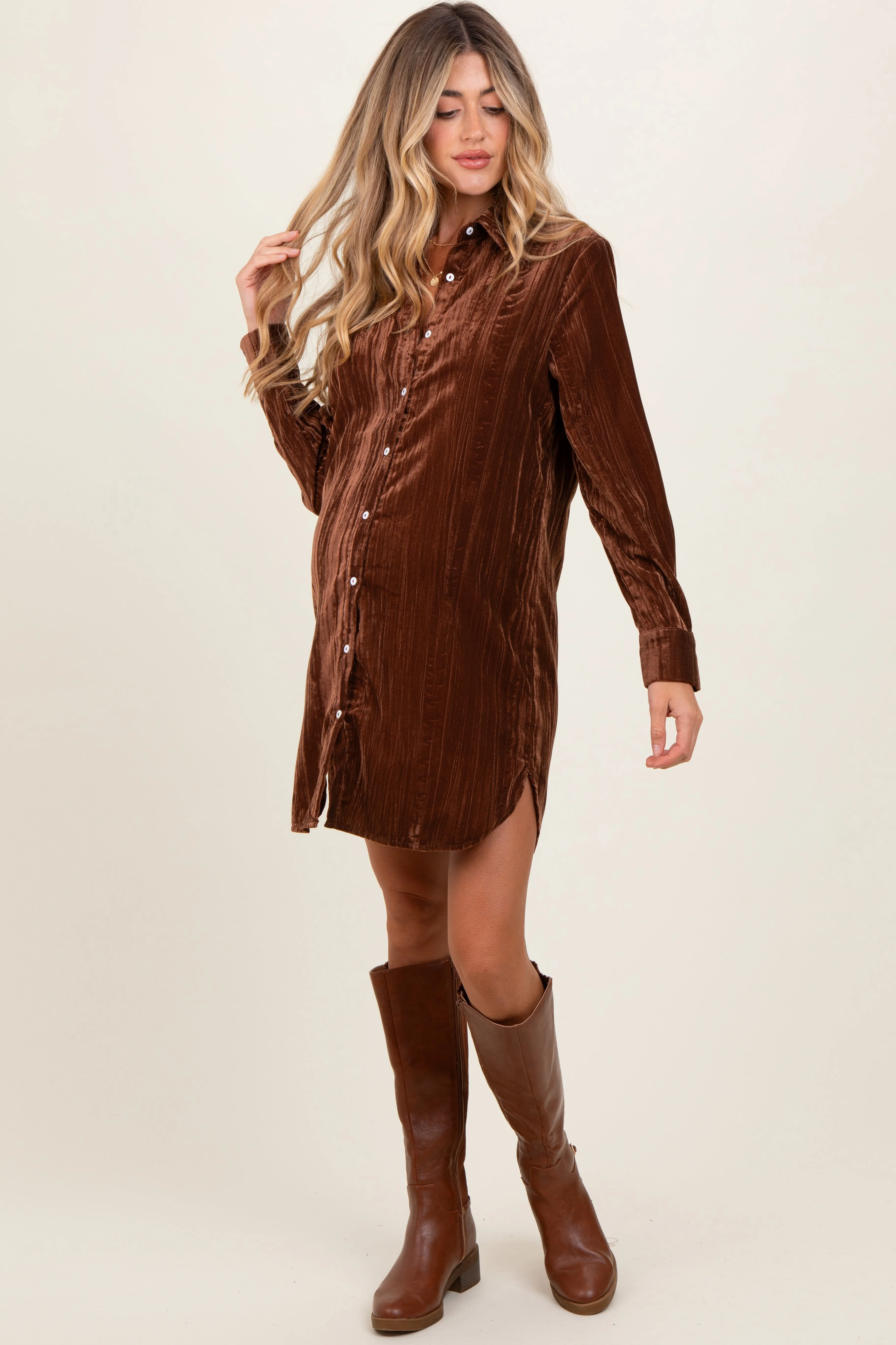 Brown Crinkled Velvet Button Down Maternity Shirt Dress sold by Pinkblush