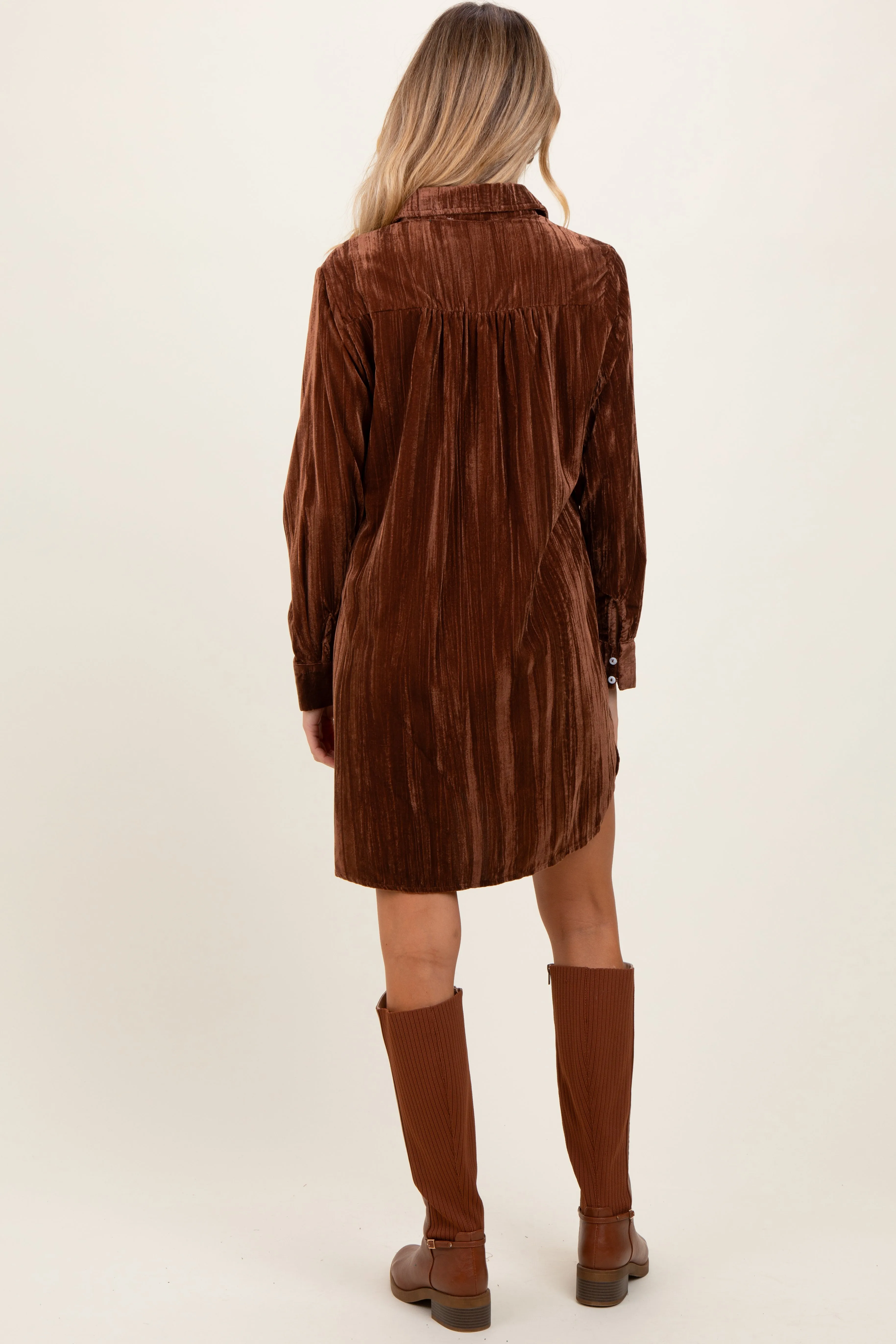 Brown Crinkled Velvet Button Down Maternity Shirt Dress sold by Pinkblush product image thumbnail 3