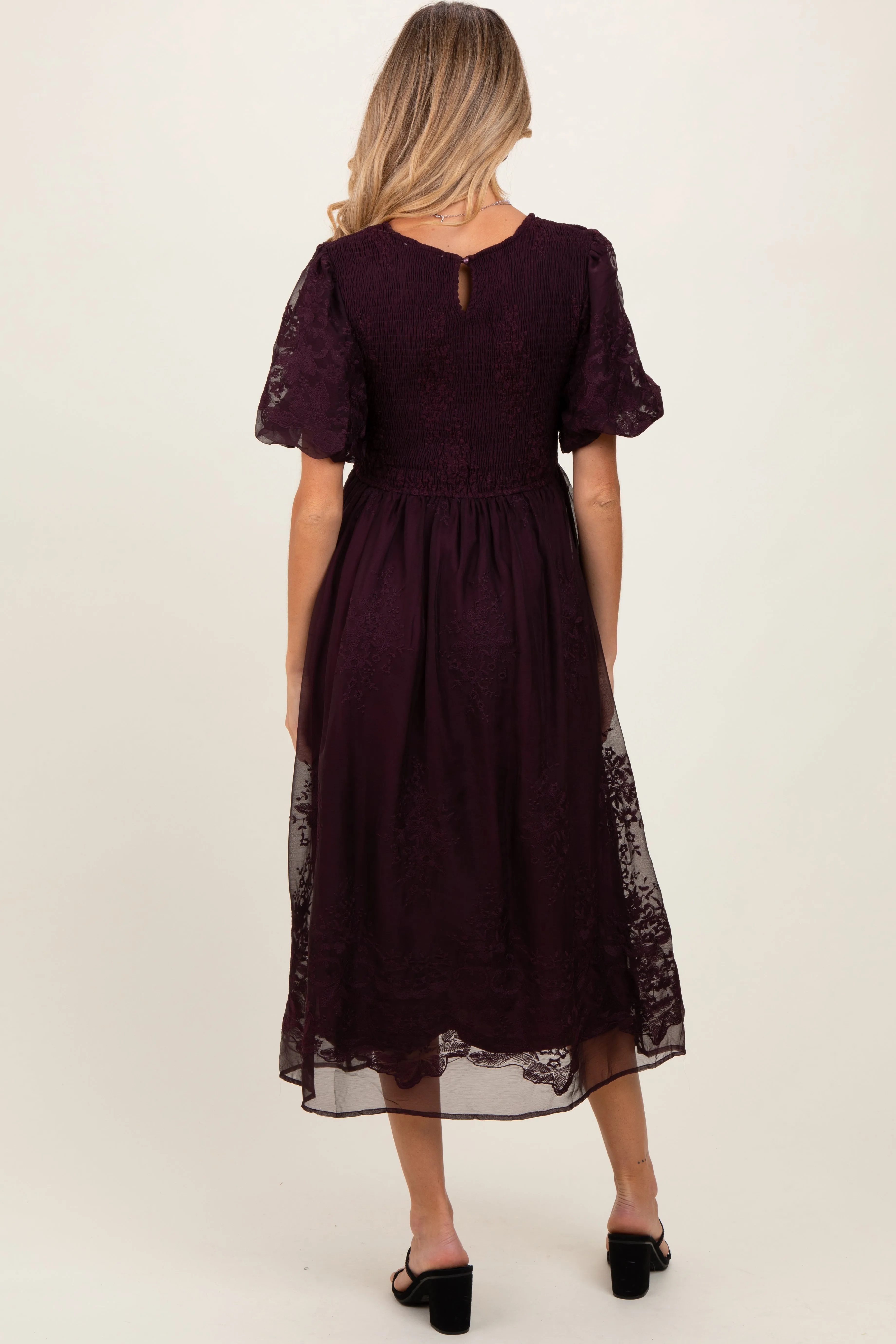 Plum Floral Lace Smocked Maternity Midi Dress sold by Pinkblush product image thumbnail 3