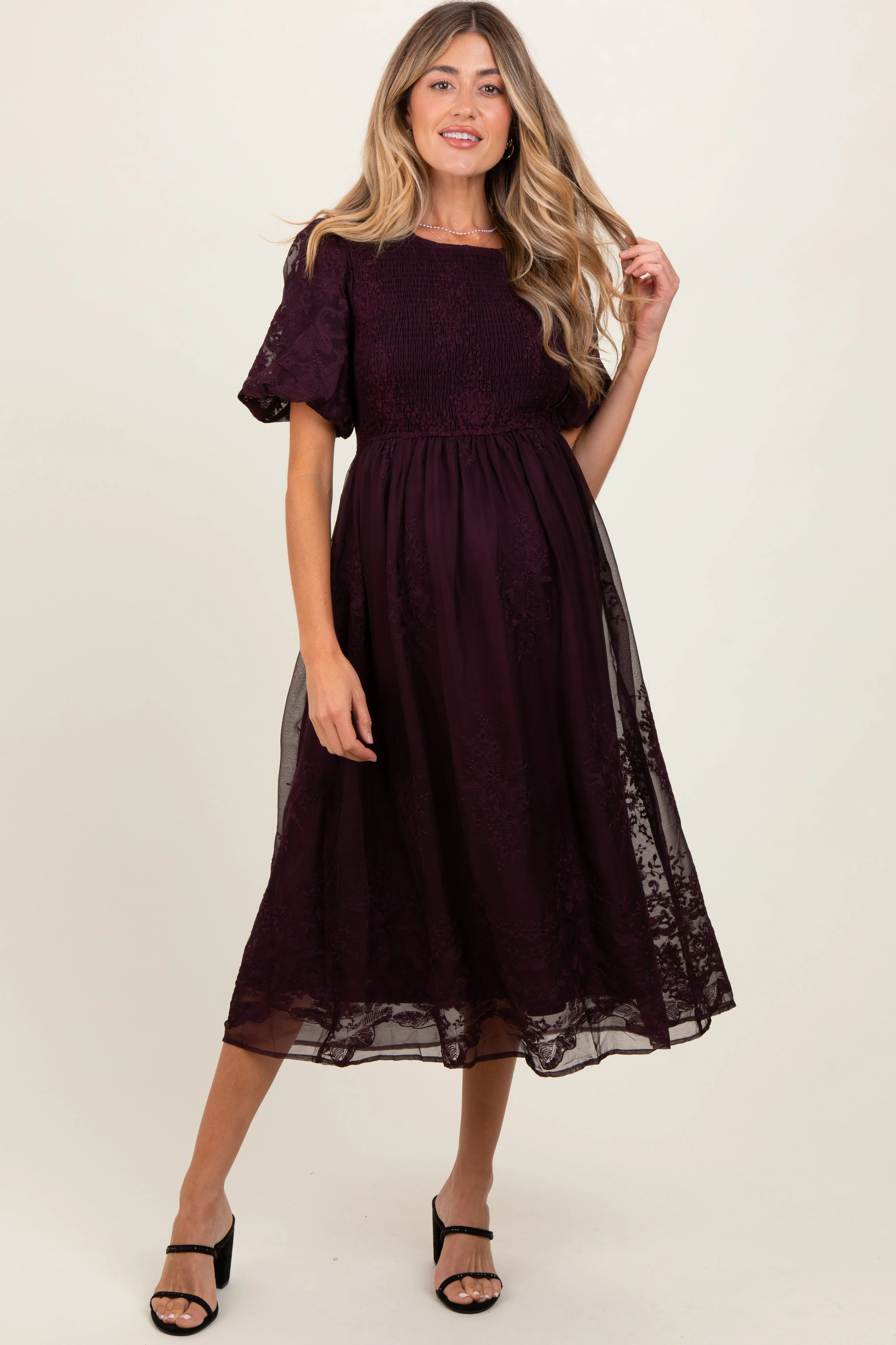 Plum Floral Lace Smocked Maternity Midi Dress sold by Pinkblush