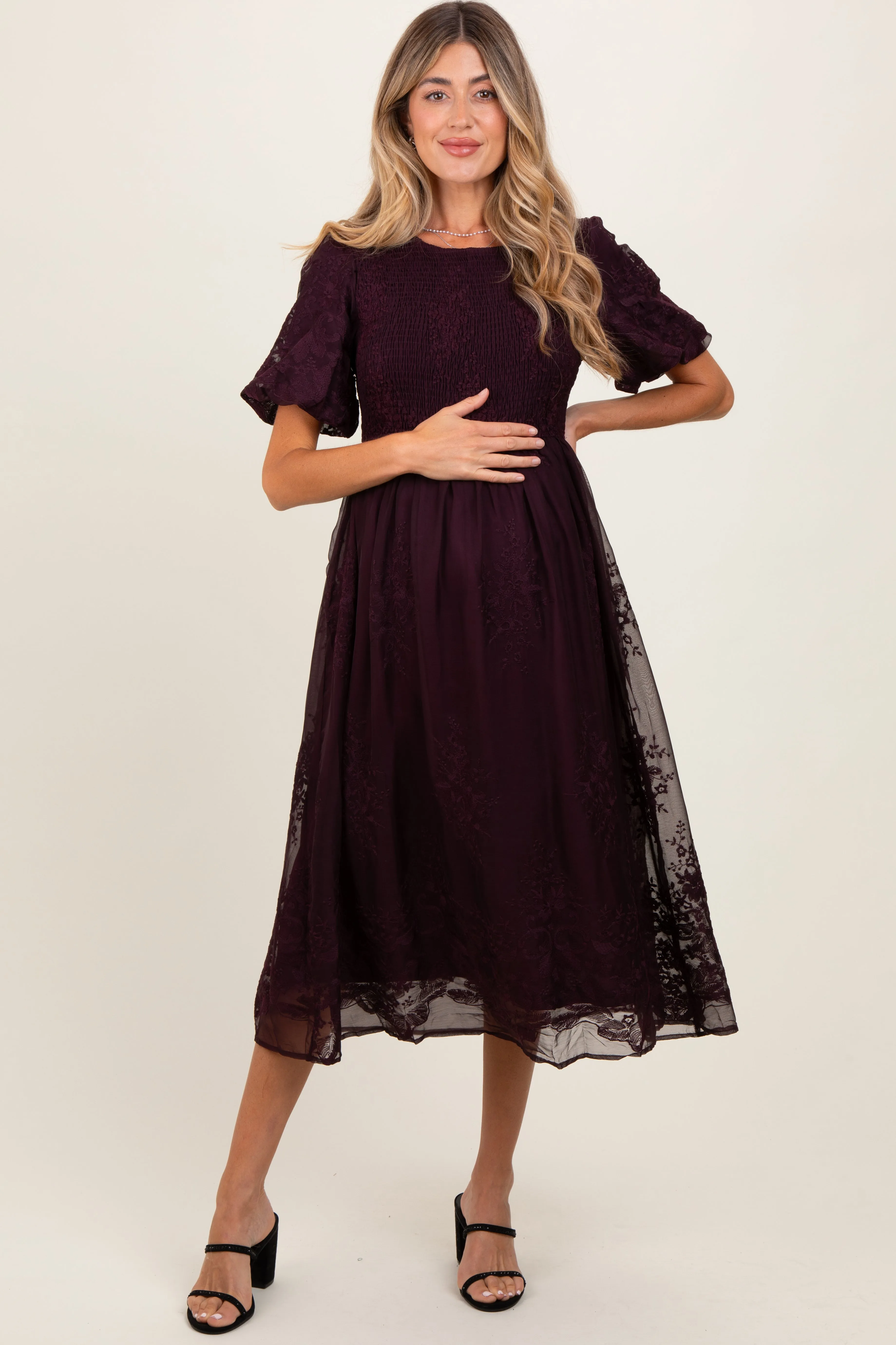 Plum Floral Lace Smocked Maternity Midi Dress sold by Pinkblush product image thumbnail 2