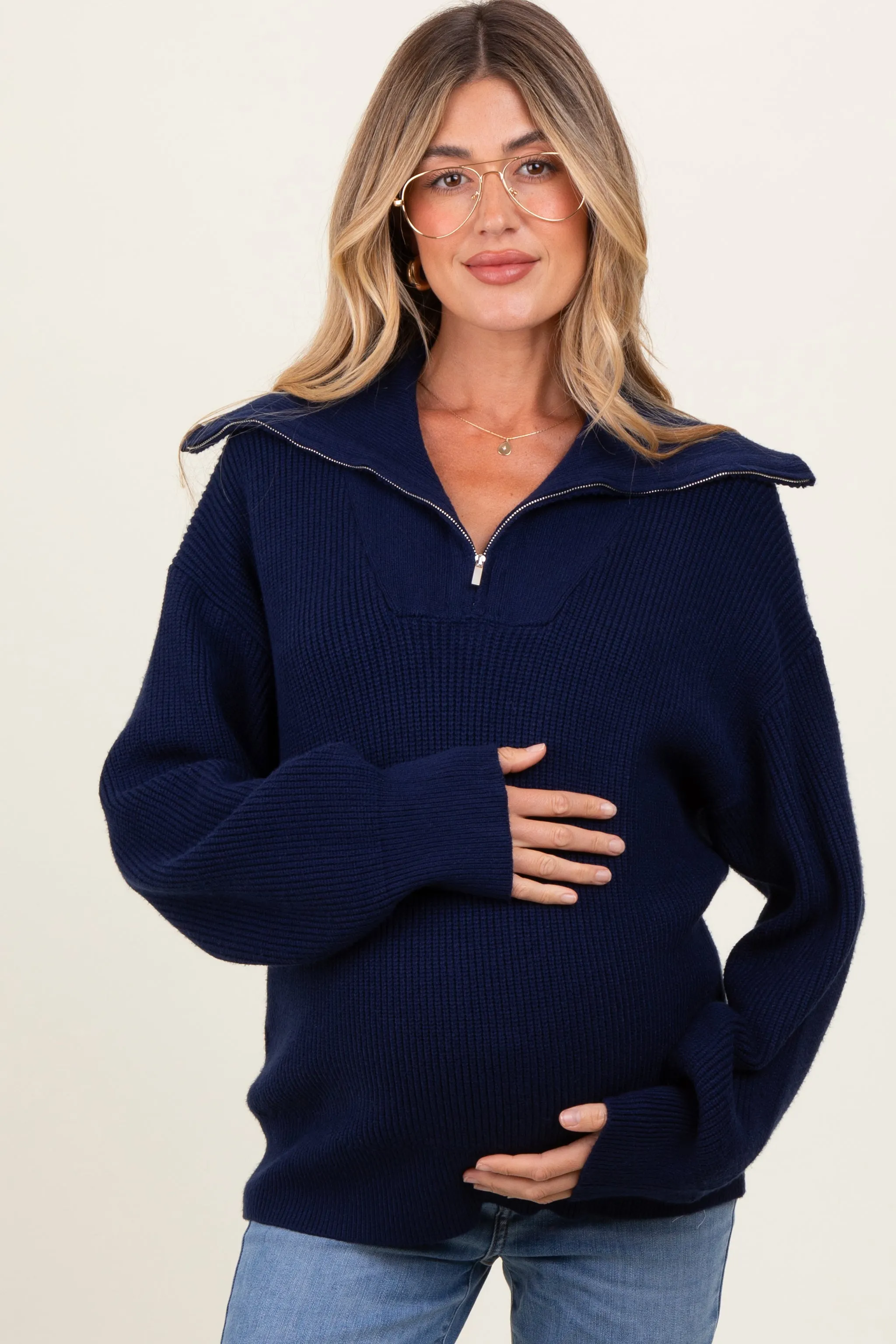 Navy Half Zip Chunky Knit Maternity Pullover Sweater sold by Pinkblush product image thumbnail 2