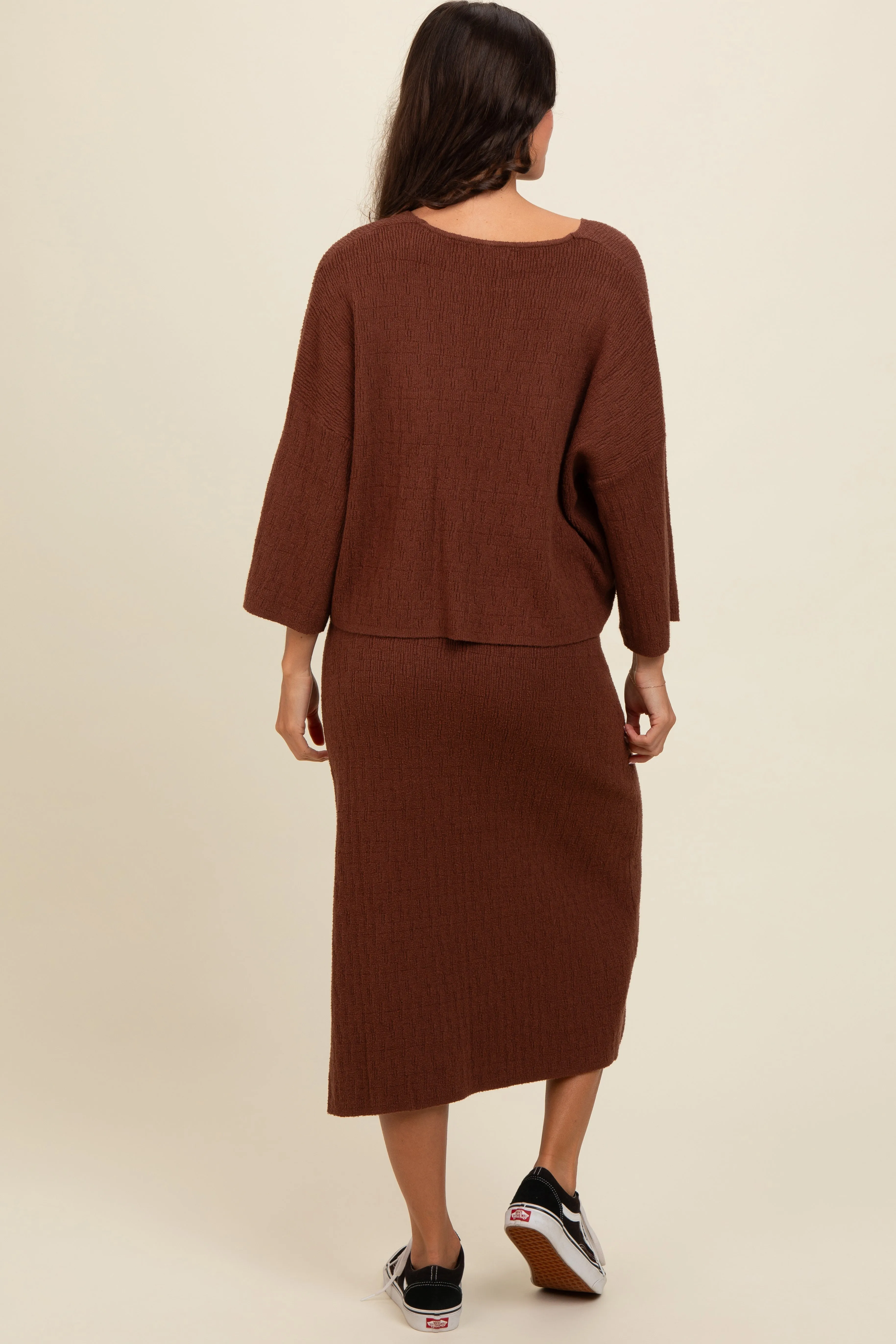 Brown Textured Knit Top And Midi Skirt Set sold by Pinkblush product image thumbnail 3