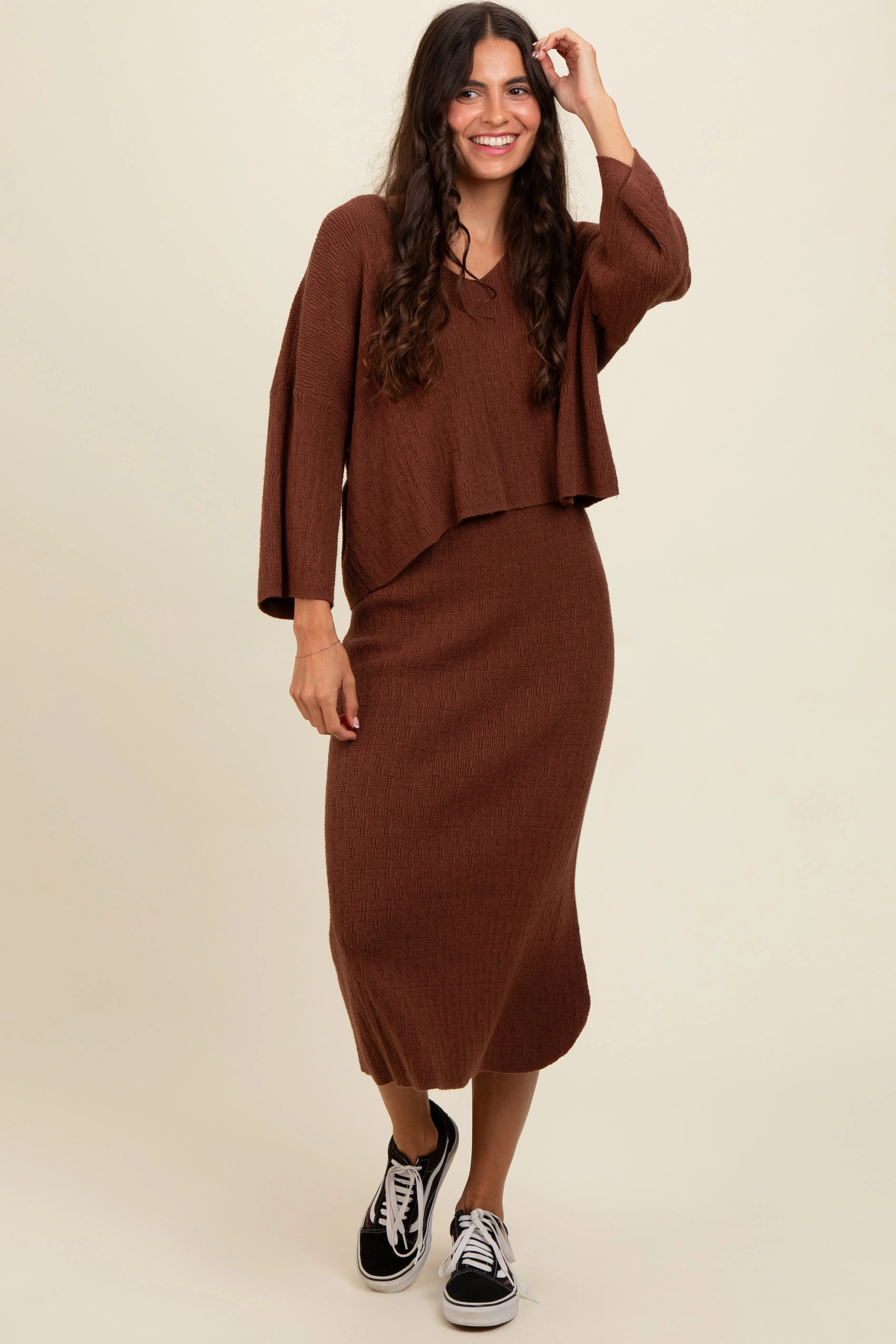 Brown Textured Knit Top And Midi Skirt Set sold by Pinkblush
