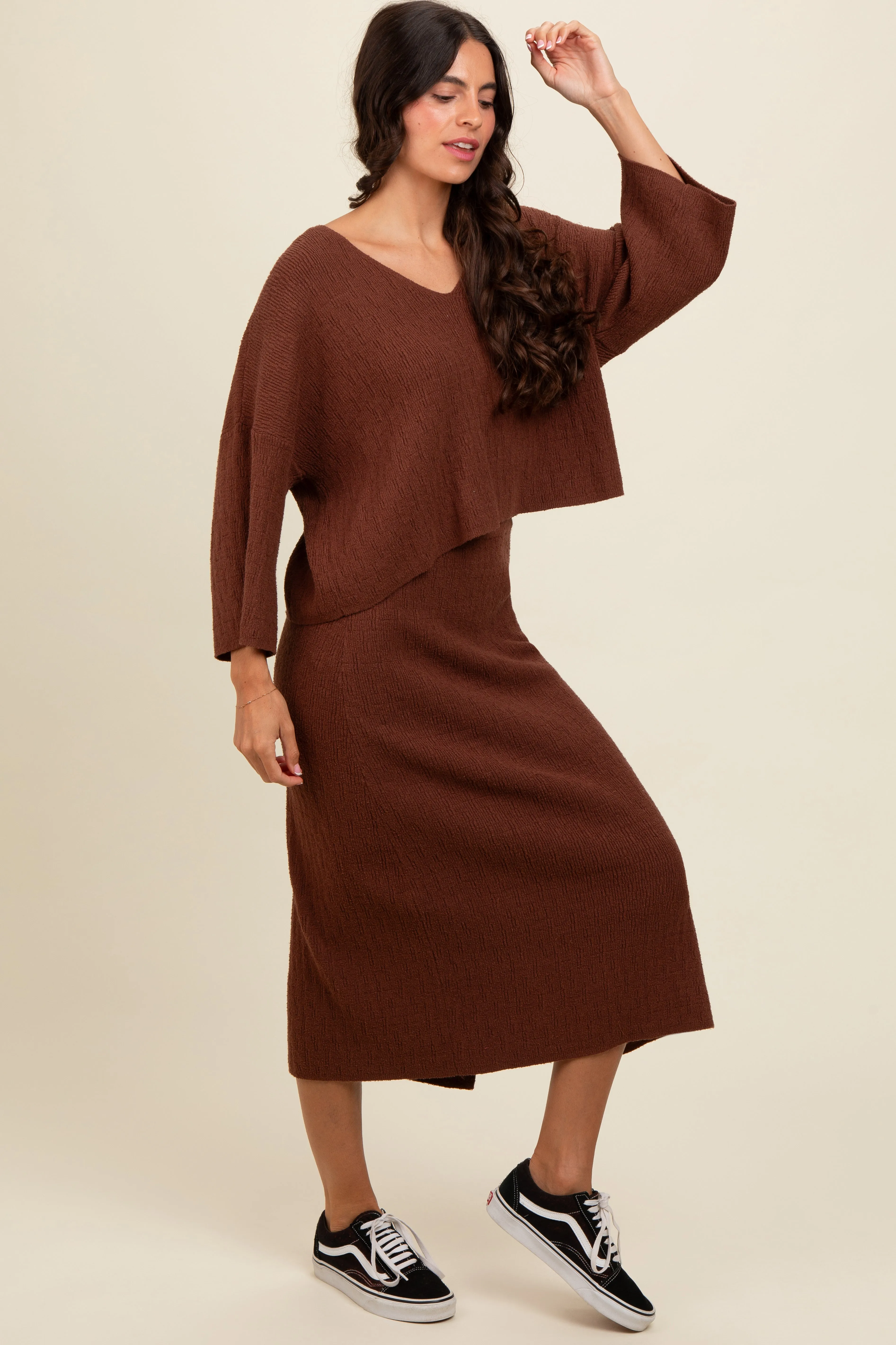 Brown Textured Knit Top And Midi Skirt Set sold by Pinkblush product image thumbnail 2
