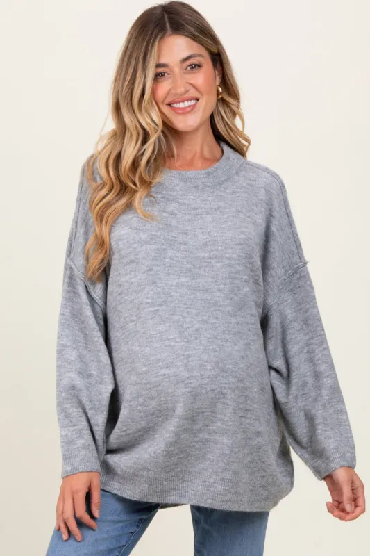 Heather Grey Oversized Crewneck Melange Knit Maternity Sweater sold by Pinkblush