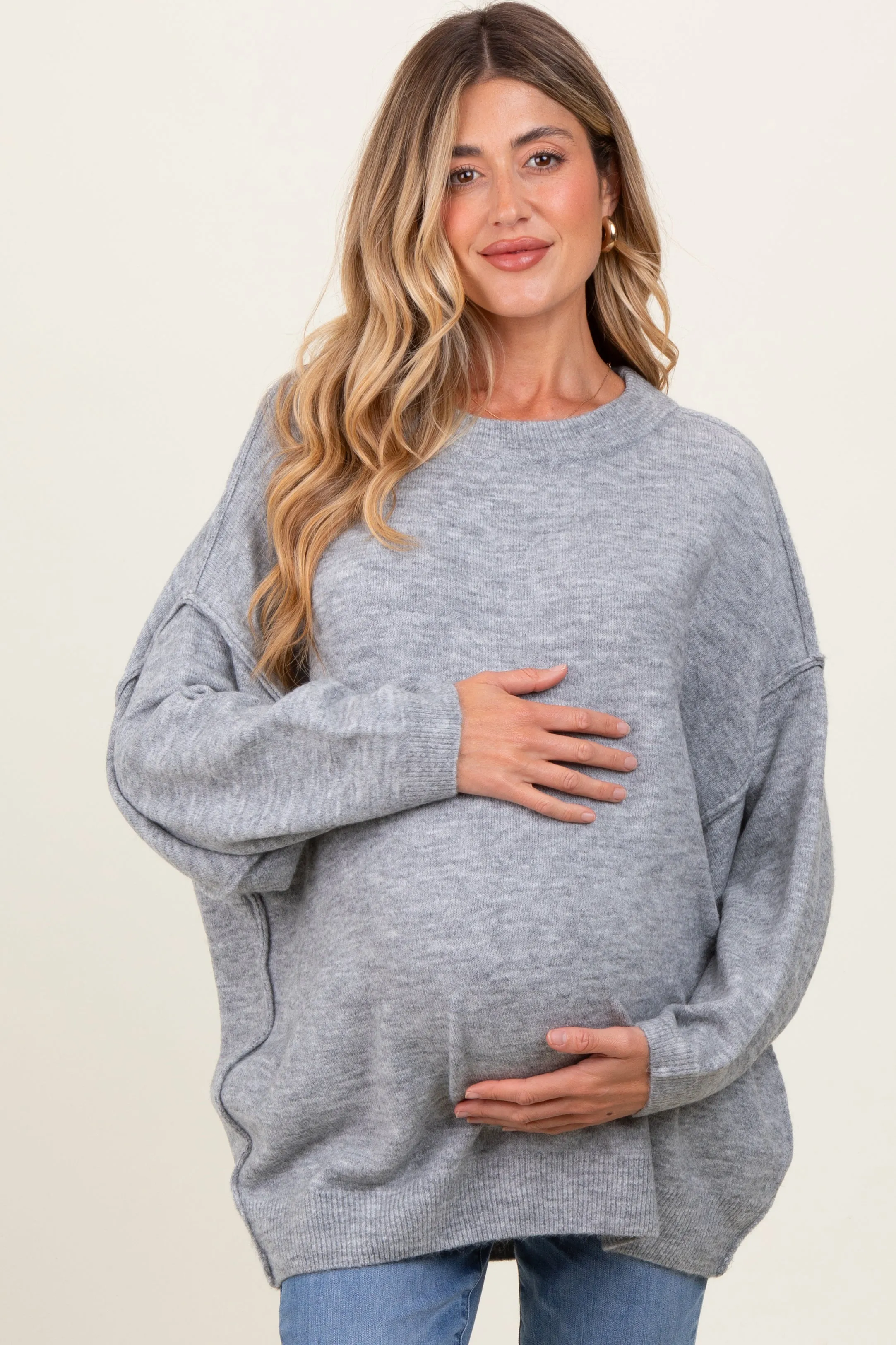 Heather Grey Oversized Crewneck Melange Knit Maternity Sweater sold by Pinkblush product image thumbnail 2