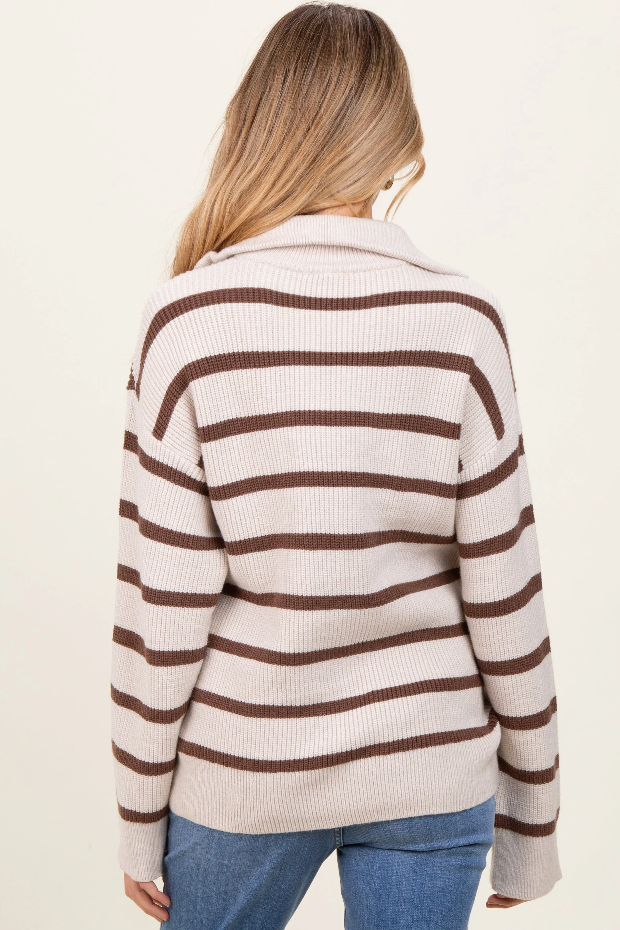 Cream Mocha Striped Knit Half Zip Maternity Sweater sold by Pinkblush product image thumbnail 4