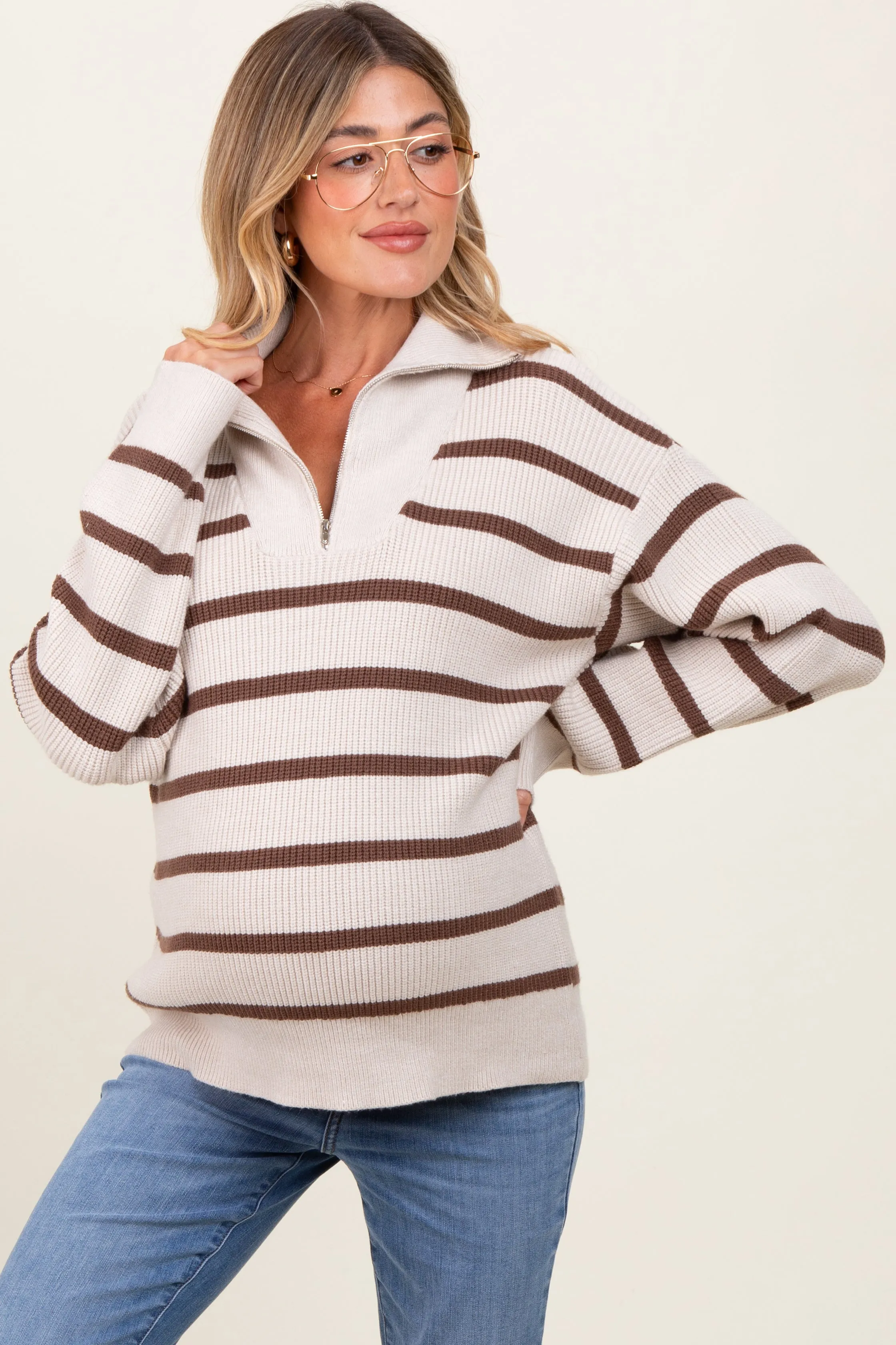 Cream Mocha Striped Knit Half Zip Maternity Sweater sold by Pinkblush product image thumbnail 2