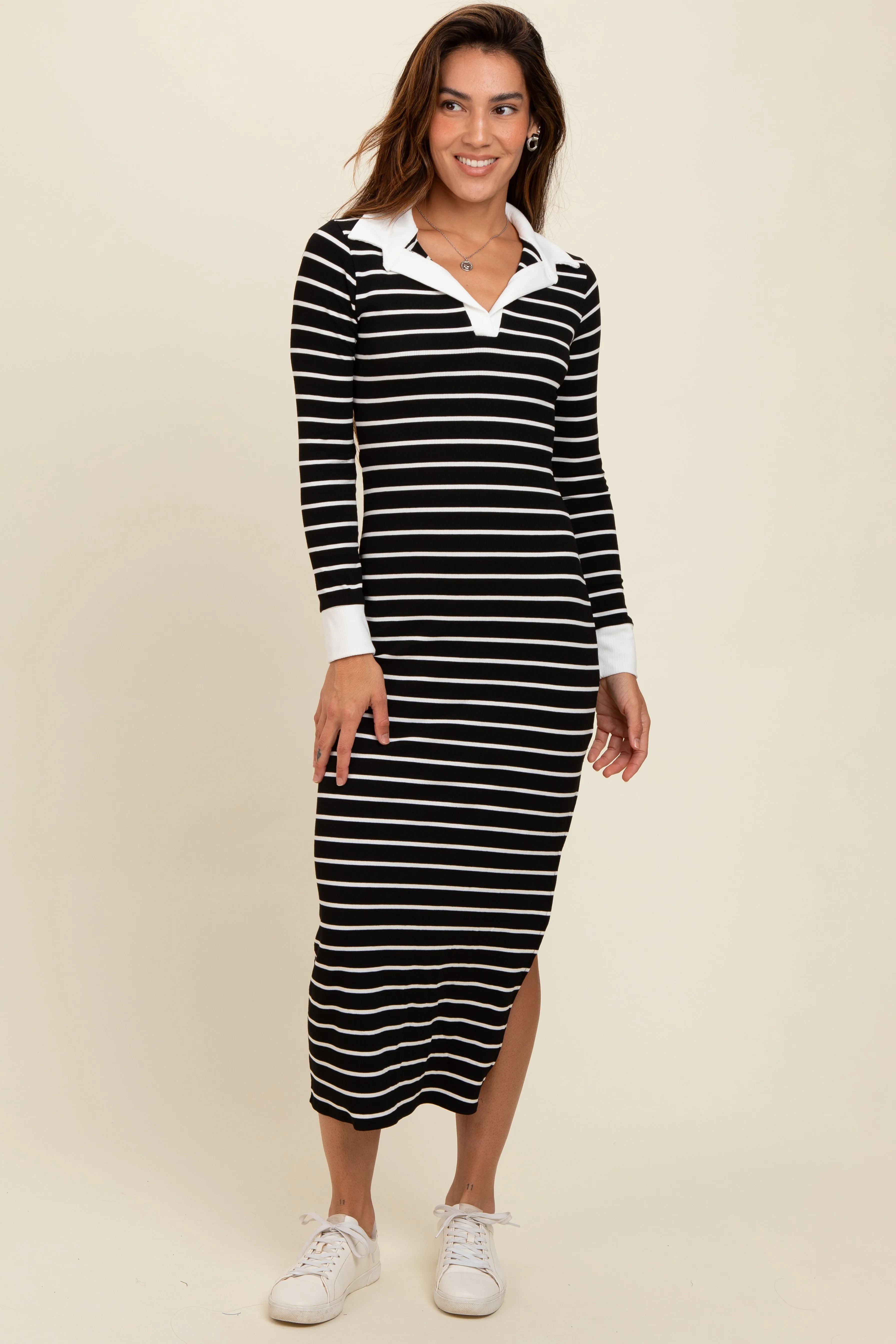 Black Striped Collared Long Sleeve Midi Dress sold by Pinkblush product image thumbnail 2