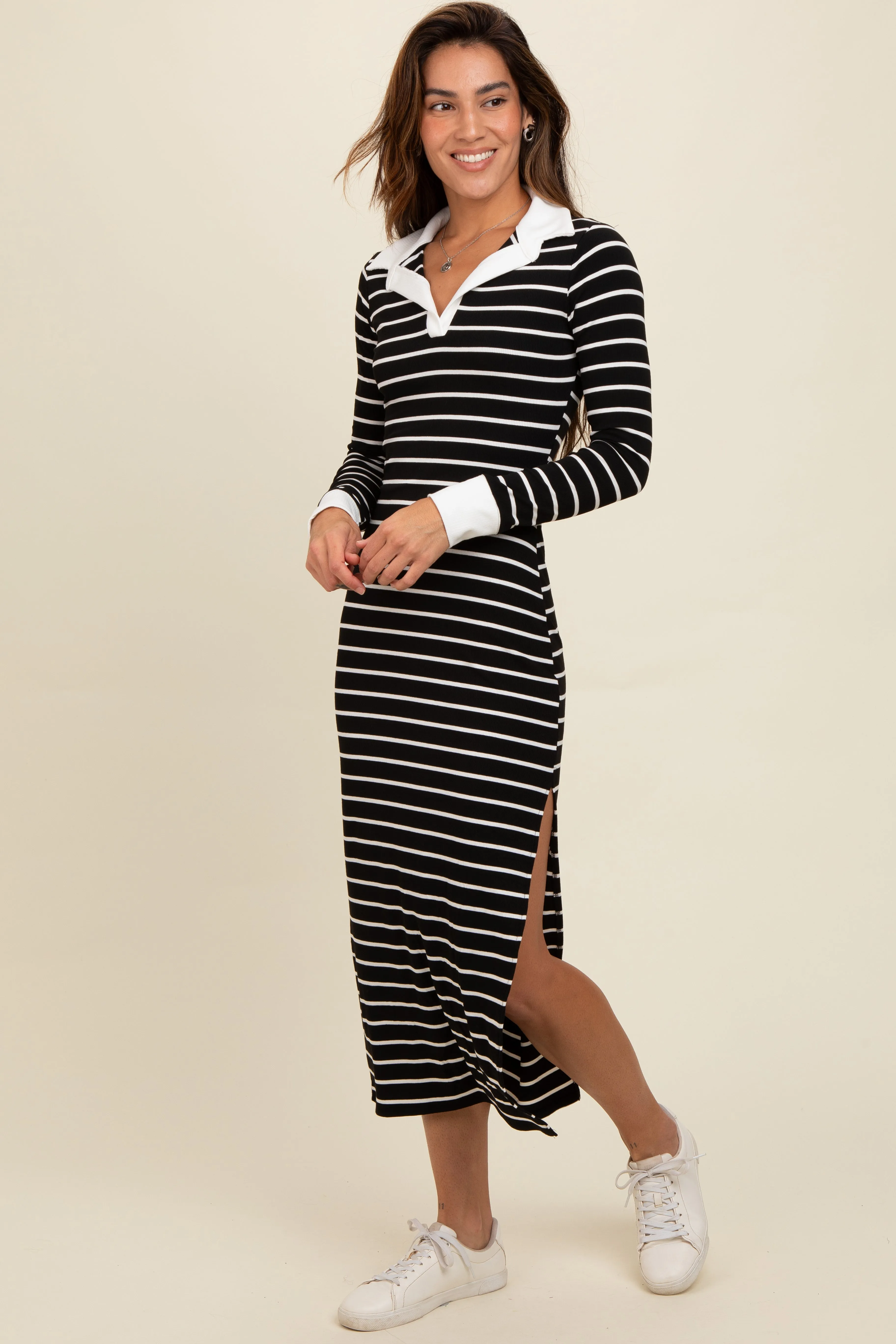 Black Striped Collared Long Sleeve Midi Dress sold by Pinkblush product image thumbnail 3