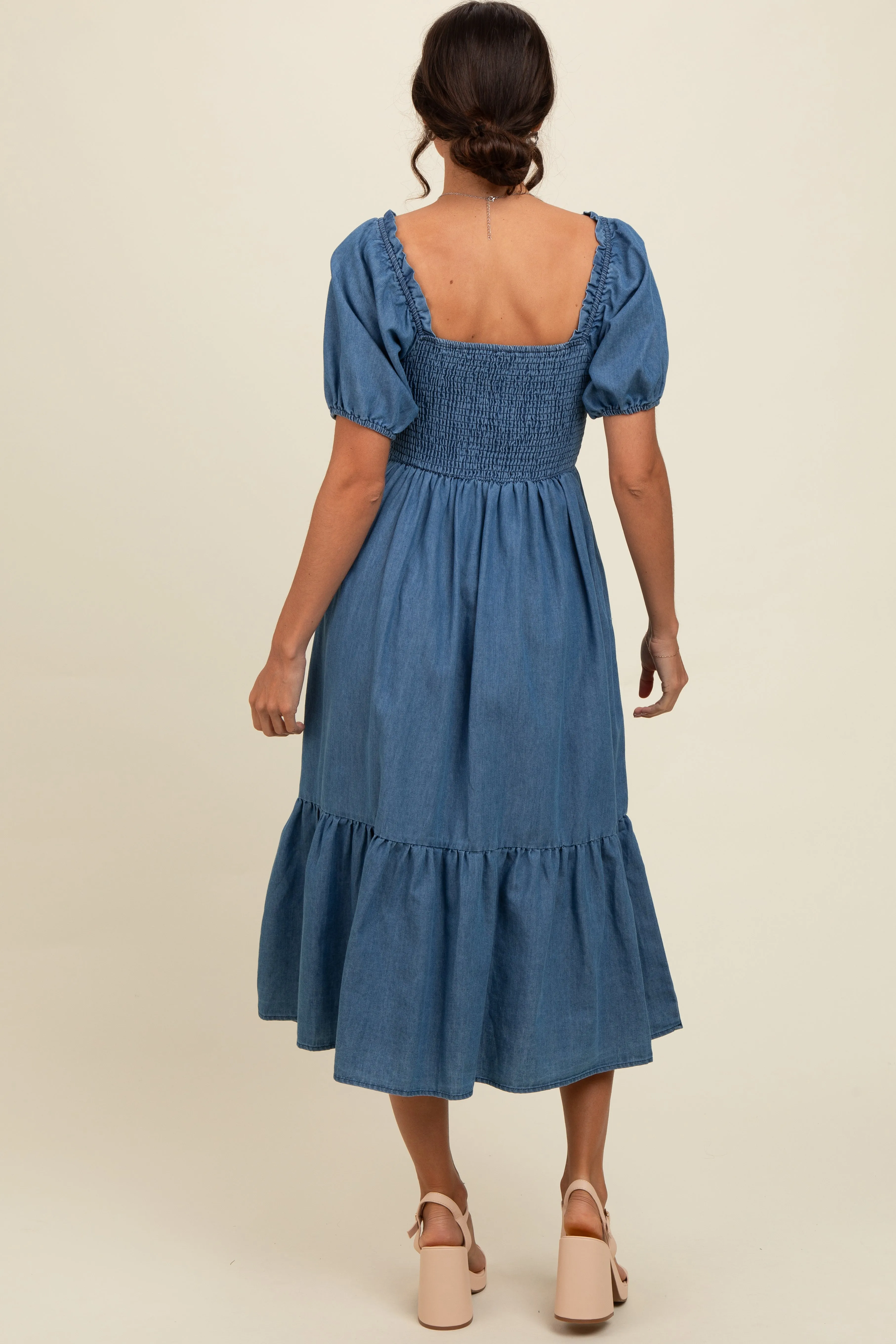 Blue Vintage Wash Chambray Smocked Midi Dress sold by Pinkblush product image thumbnail 4