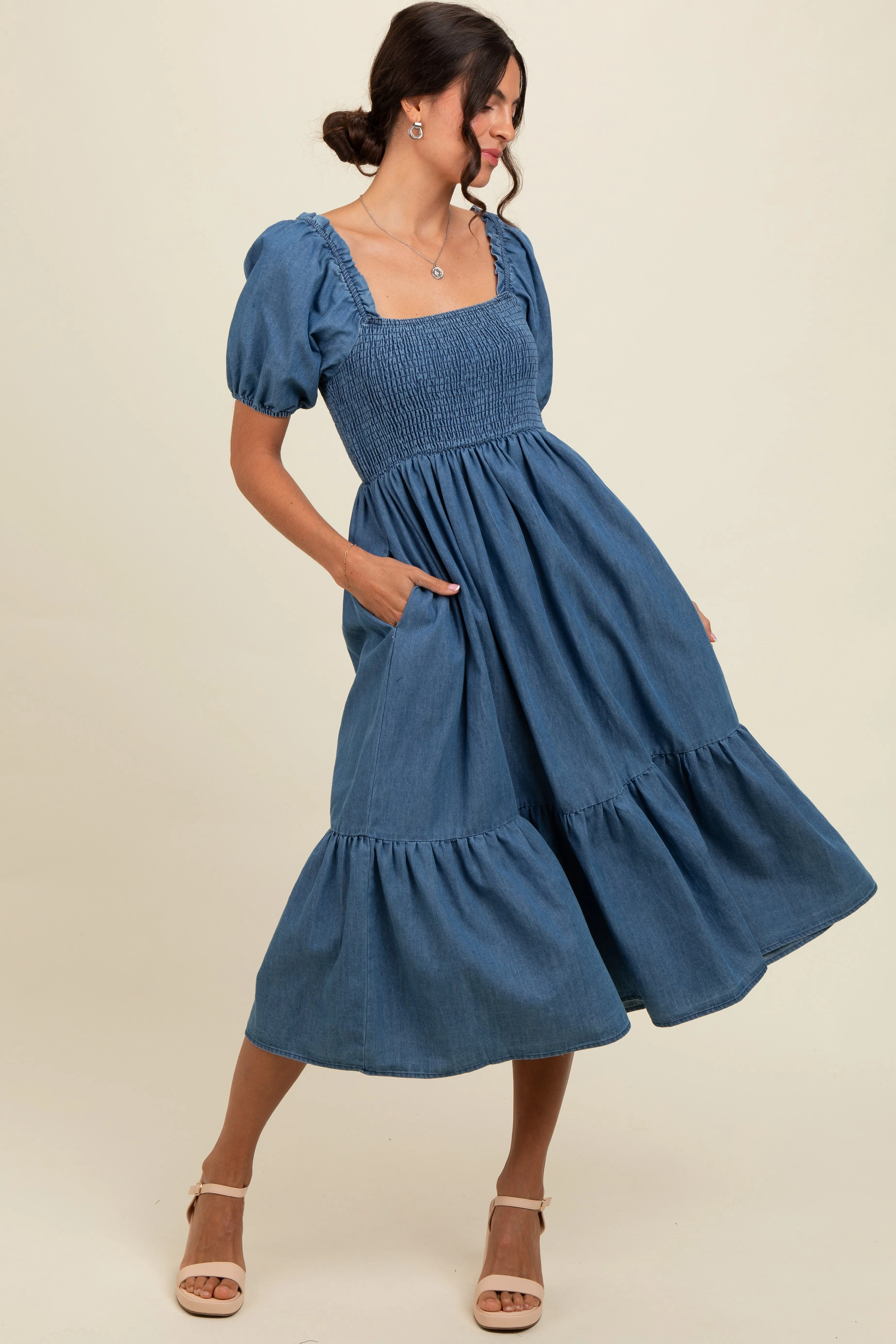 Blue Vintage Wash Chambray Smocked Midi Dress sold by Pinkblush