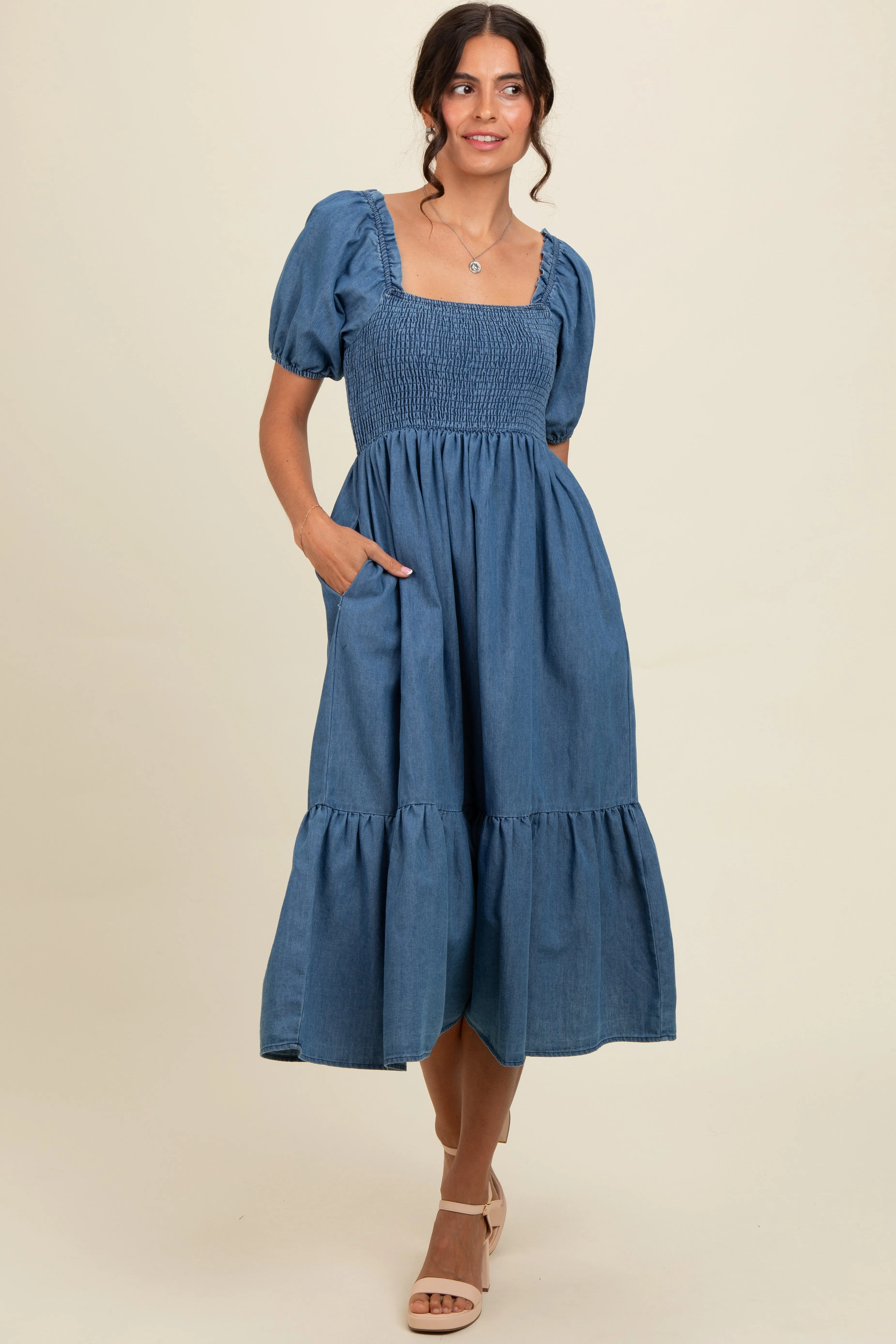 Blue Vintage Wash Chambray Smocked Midi Dress sold by Pinkblush product image thumbnail 2