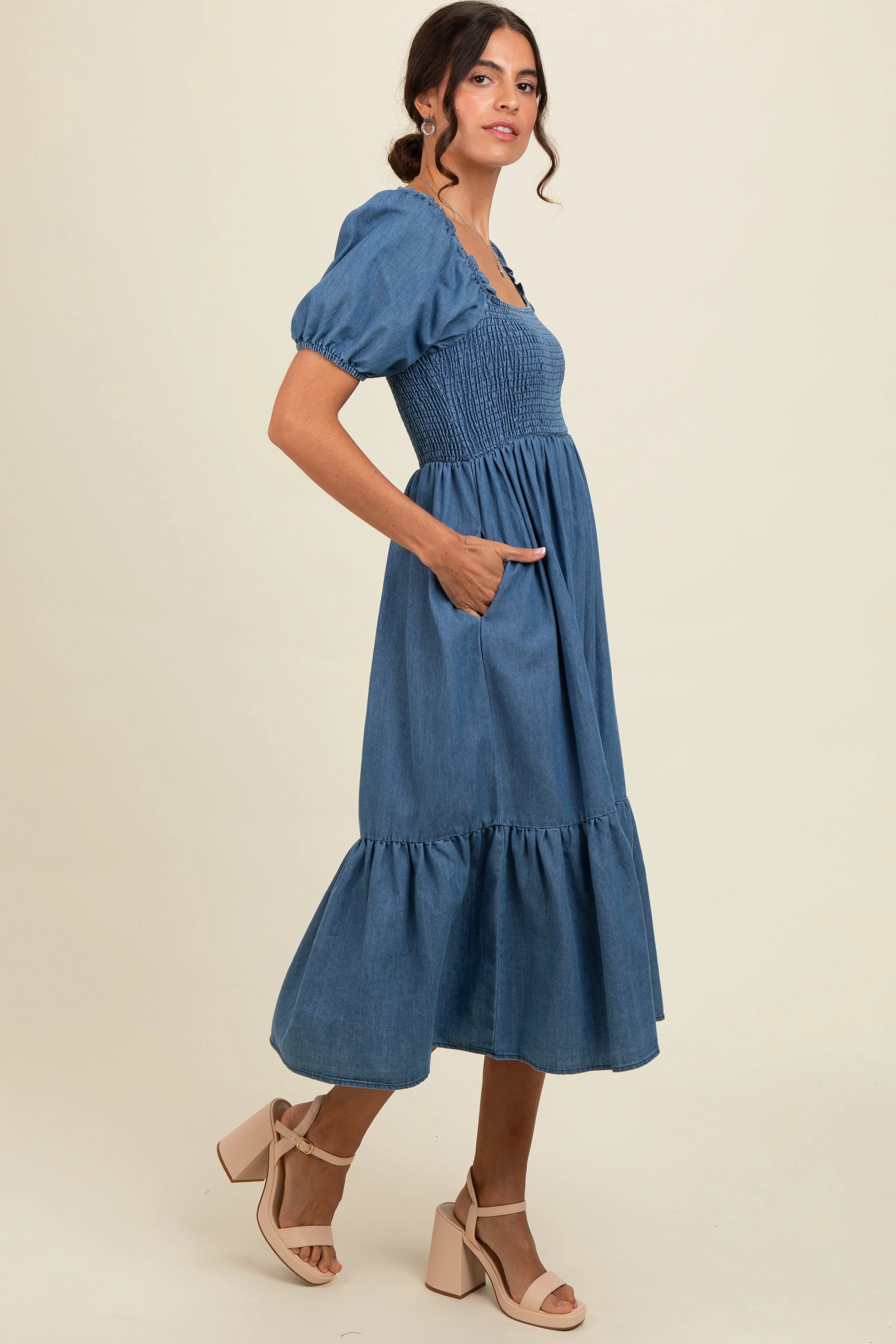 Blue Vintage Wash Chambray Smocked Midi Dress sold by Pinkblush product image thumbnail 3