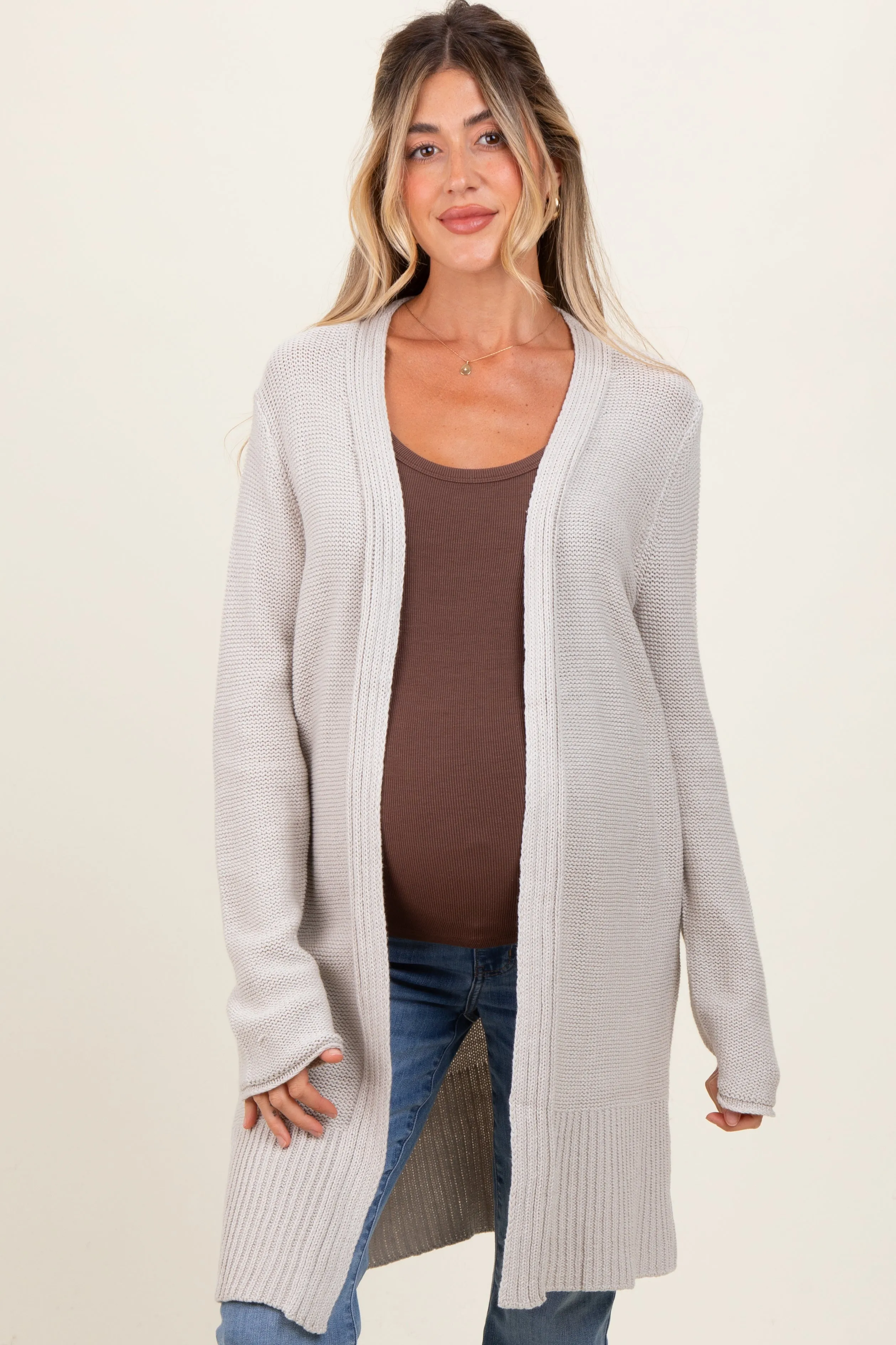 Cream Contrast Rib Long Maternity Open Cardigan sold by Pinkblush product image thumbnail 2