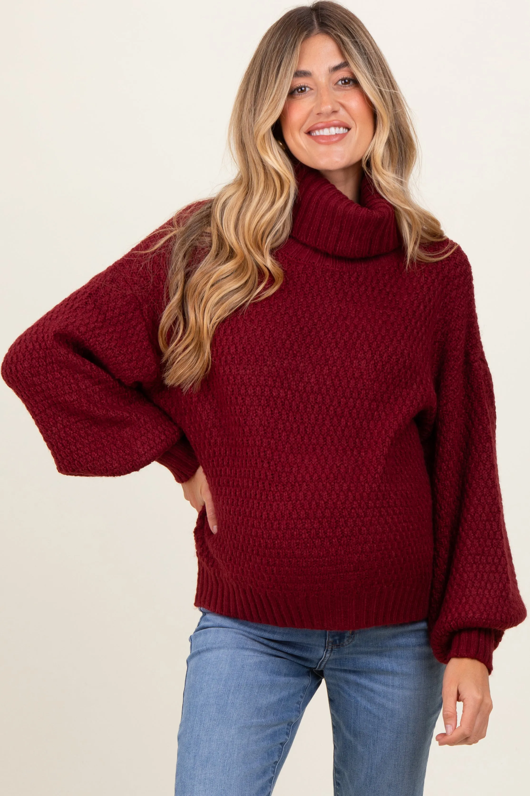 Burgundy Chunky Knit Turtleneck Maternity Sweater sold by Pinkblush product image thumbnail 2