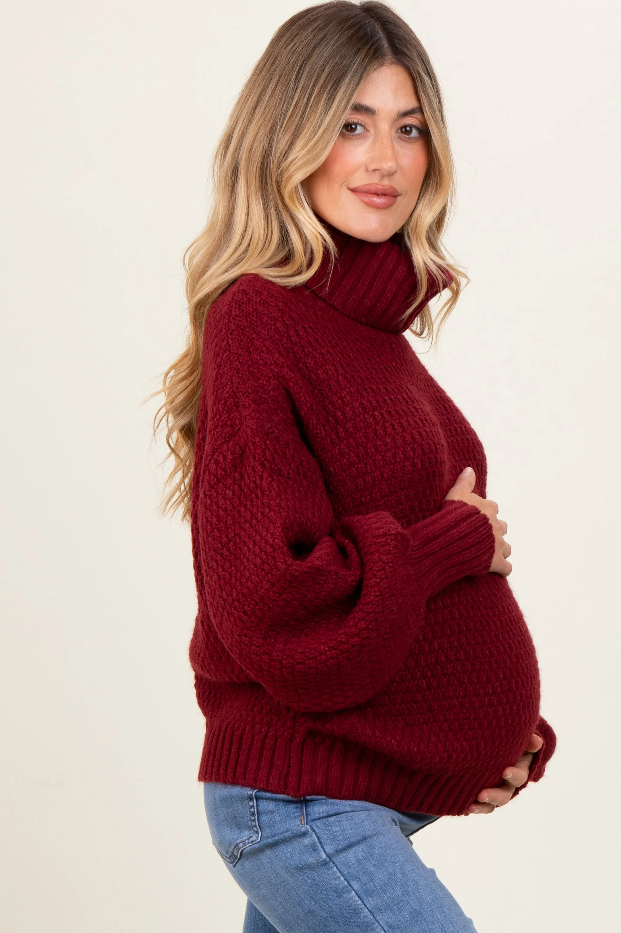 Burgundy Chunky Knit Turtleneck Maternity Sweater sold by Pinkblush product image thumbnail 3