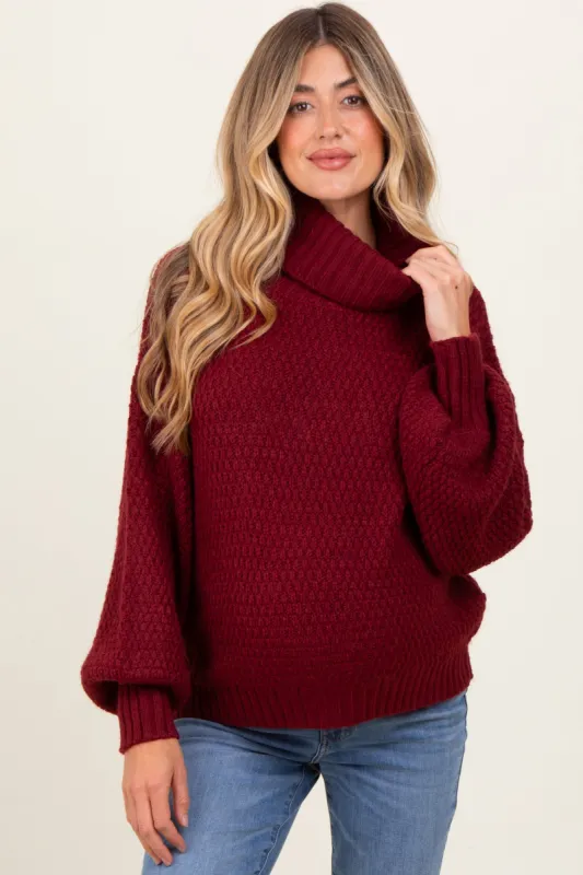 Burgundy Chunky Knit Turtleneck Maternity Sweater sold by Pinkblush