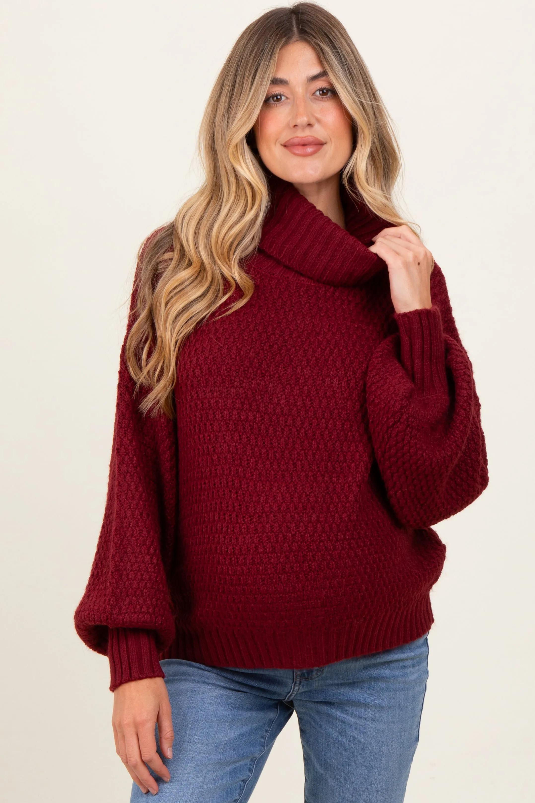 Burgundy Chunky Knit Turtleneck Maternity Sweater sold by Pinkblush