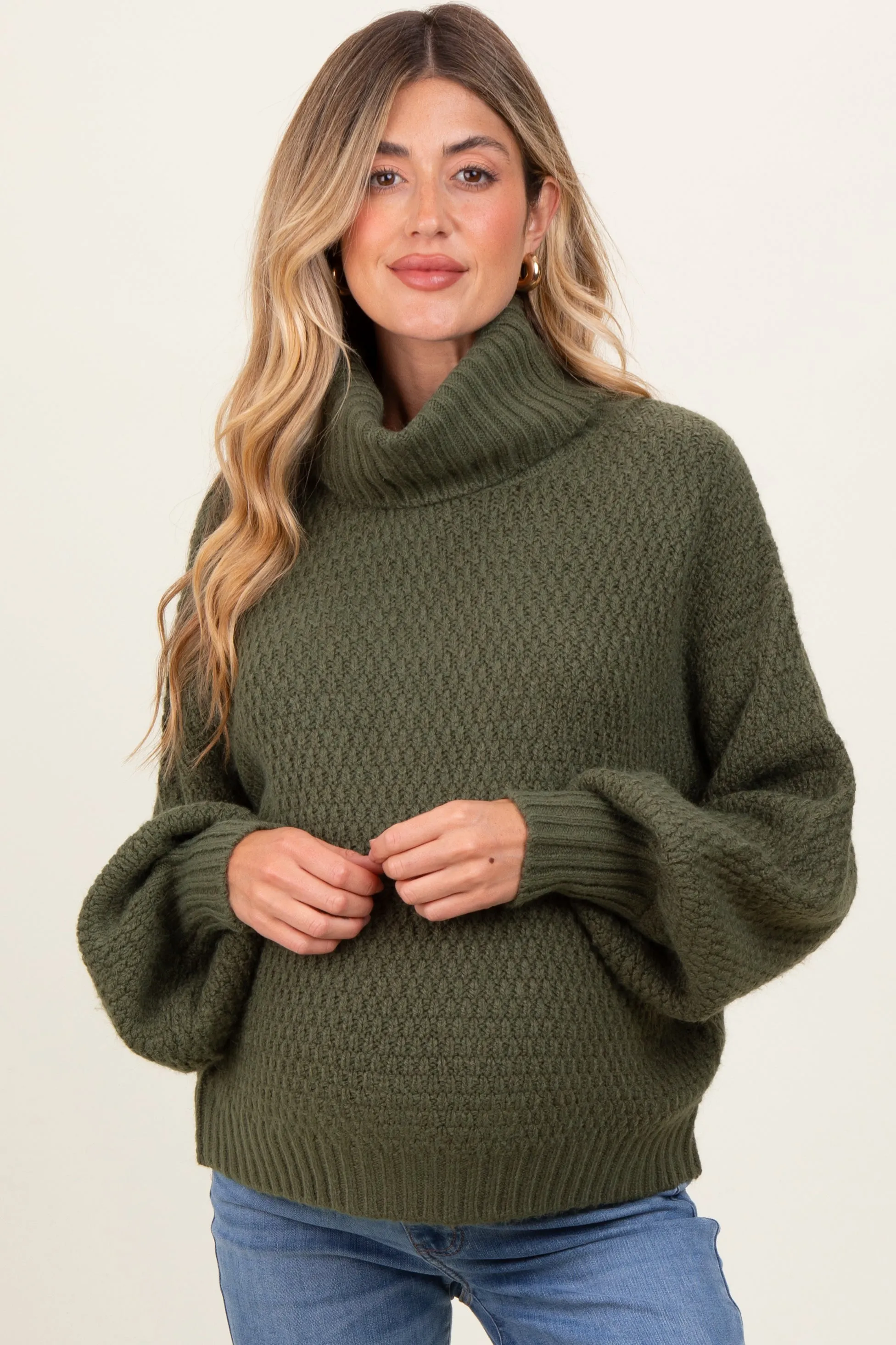Olive Chunky Knit Turtleneck Maternity Sweater sold by Pinkblush