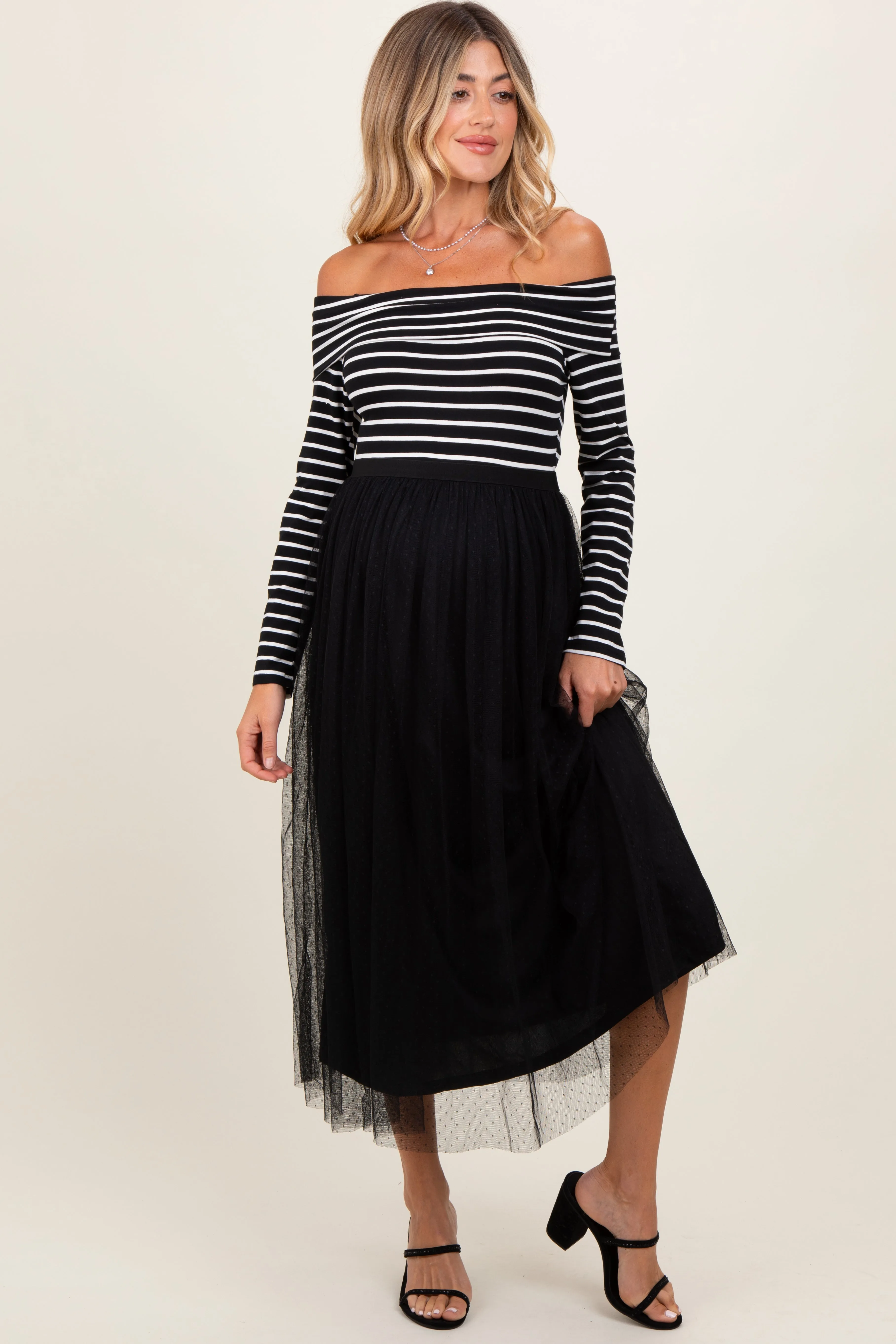 Black Striped Off Shoulder Contrast Knit Mesh Maternity Maxi Dress sold by Pinkblush