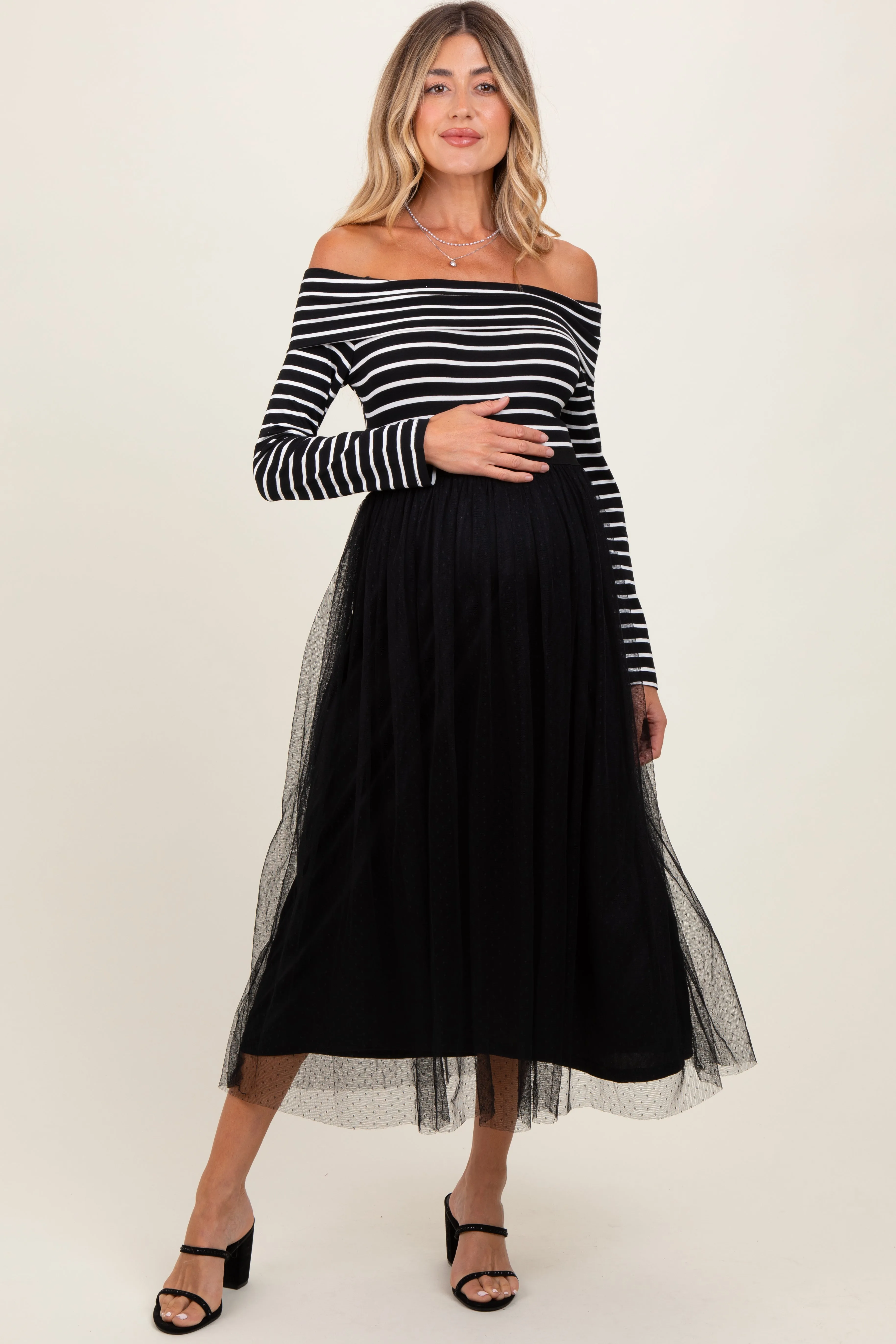 Black Striped Off Shoulder Contrast Knit Mesh Maternity Maxi Dress sold by Pinkblush product image thumbnail 2