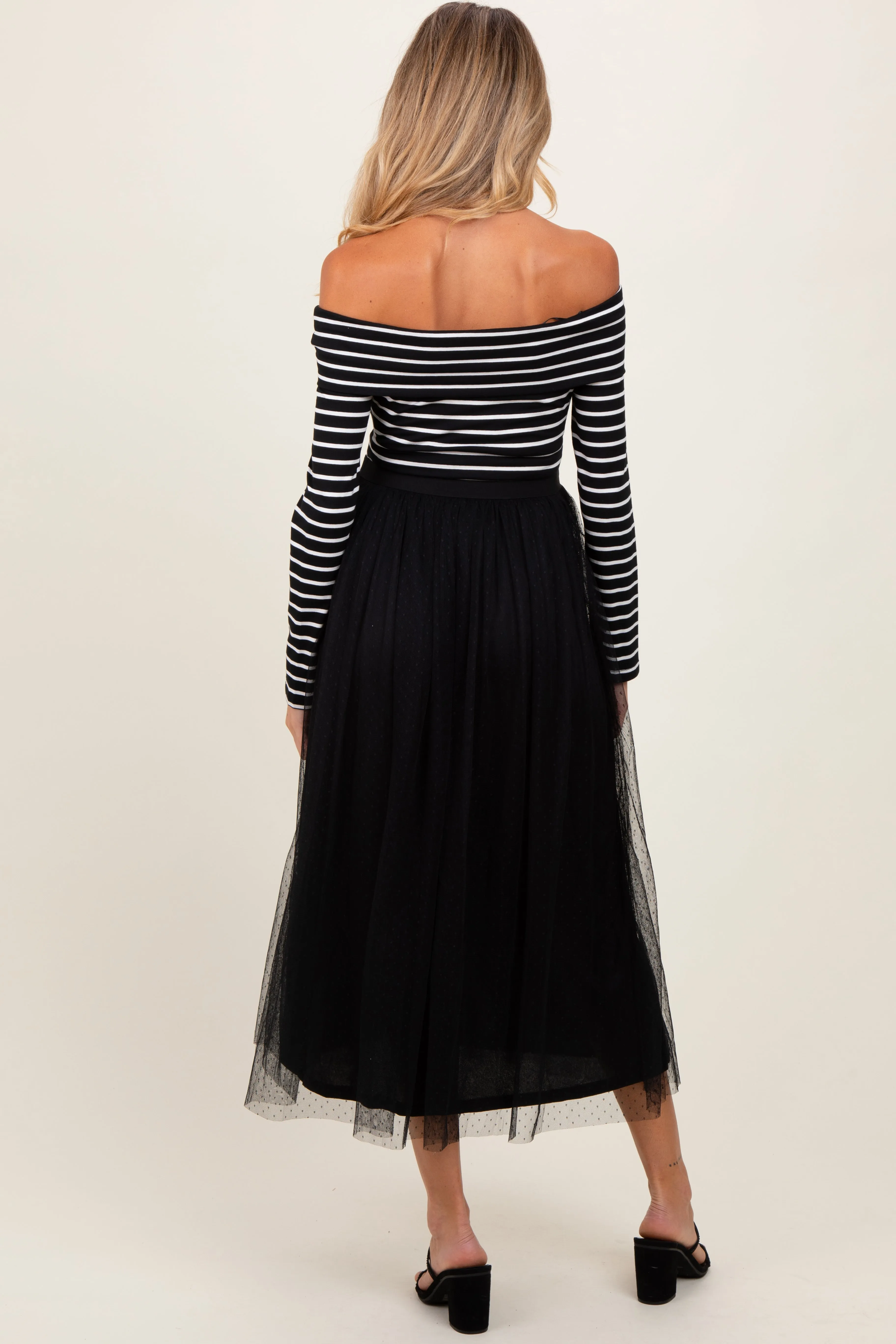 Black Striped Off Shoulder Contrast Knit Mesh Maternity Maxi Dress sold by Pinkblush product image thumbnail 3
