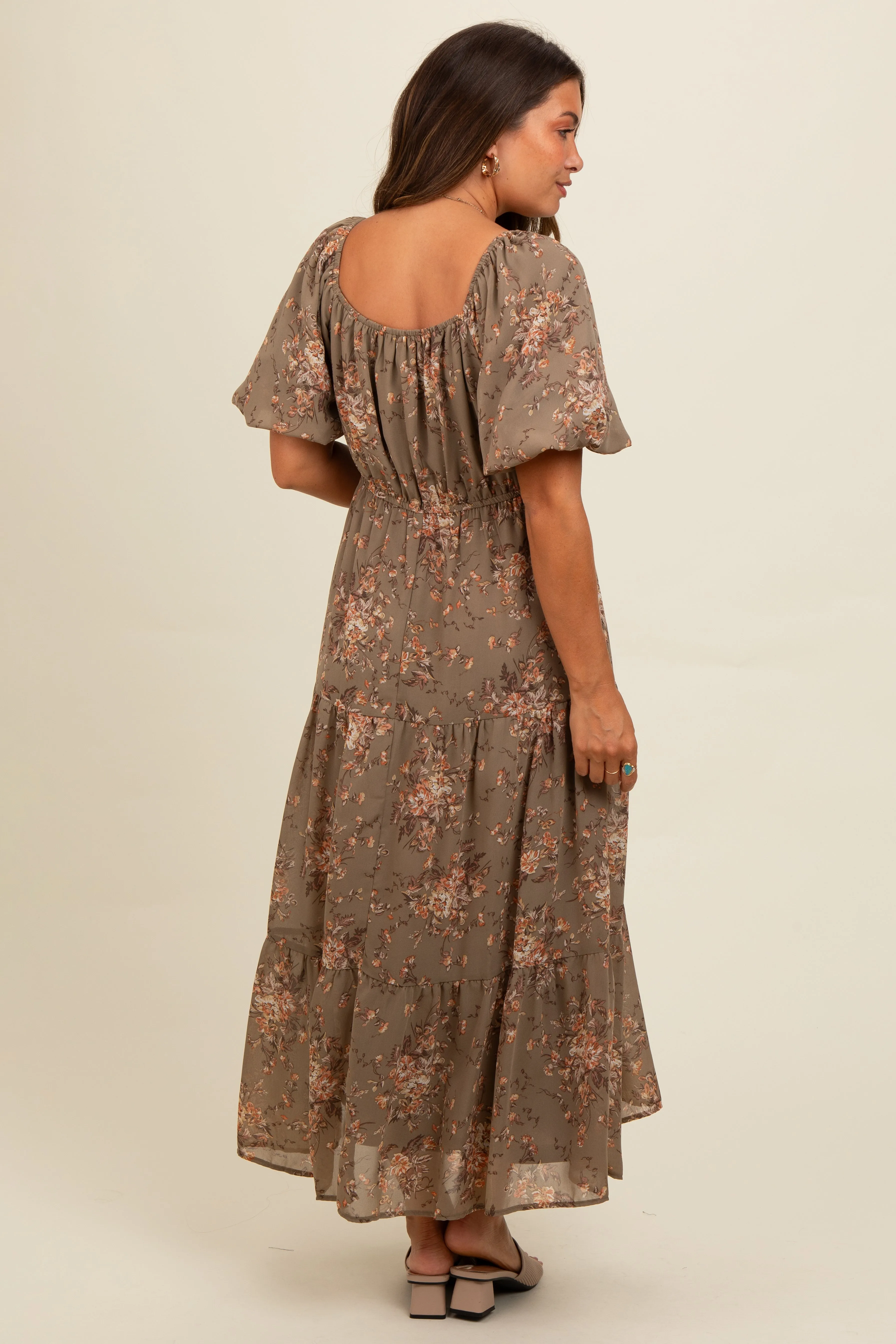 Olive Floral Tiered Puff Sleeve Maternity Maxi Dress sold by Pinkblush product image thumbnail 4