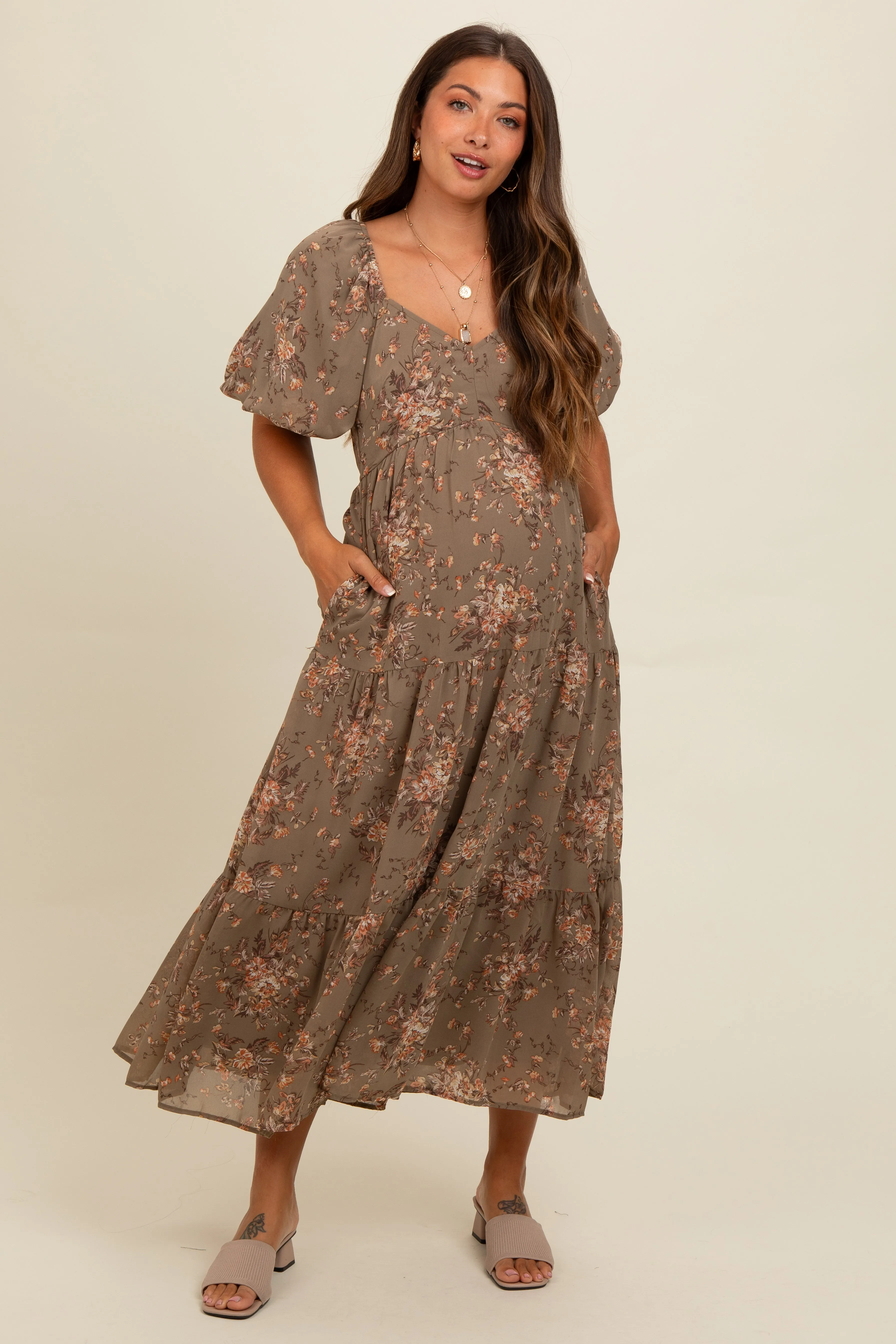 Olive Floral Tiered Puff Sleeve Maternity Maxi Dress sold by Pinkblush product image thumbnail 2