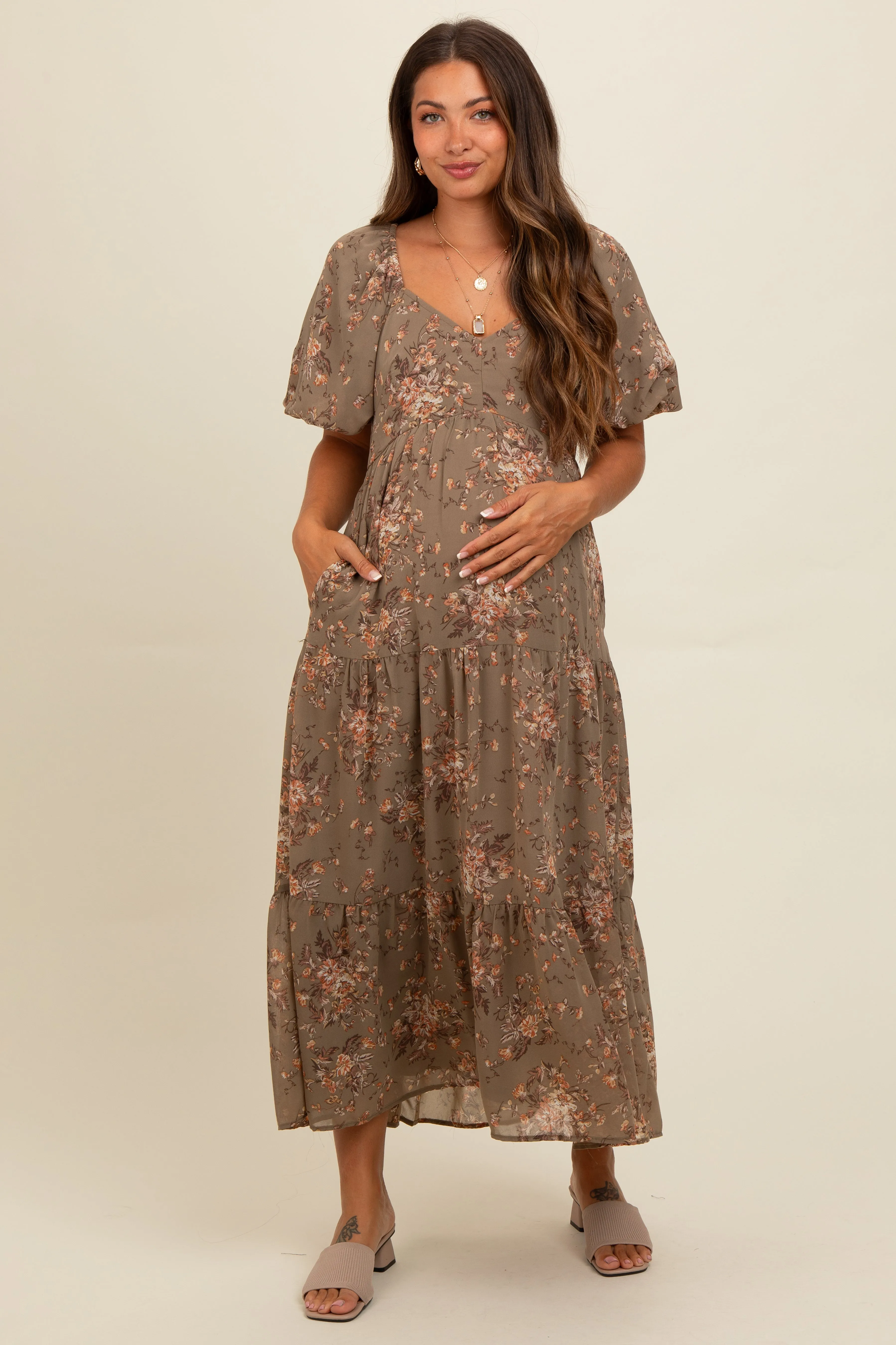 Olive Floral Tiered Puff Sleeve Maternity Maxi Dress sold by Pinkblush