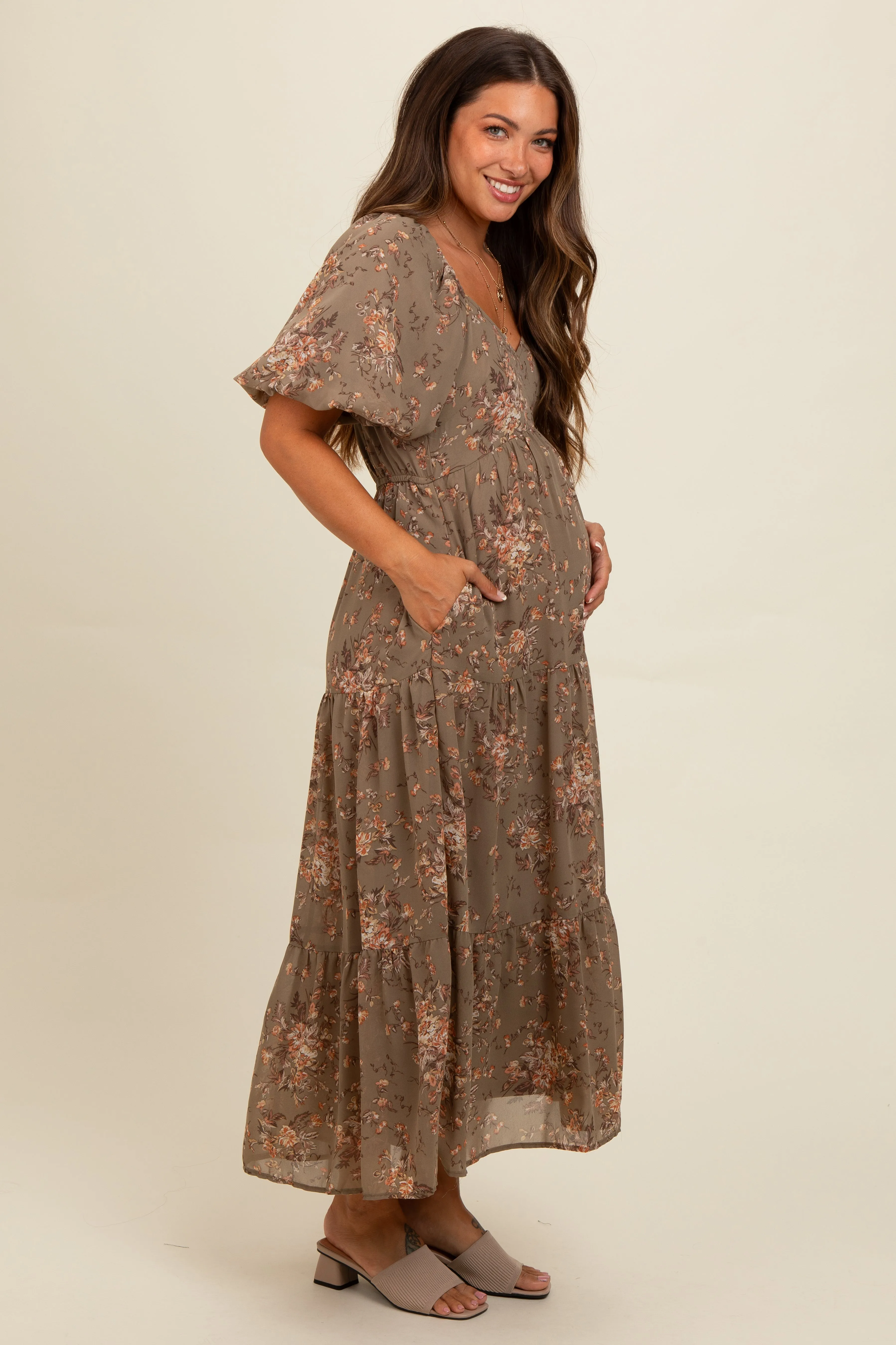 Olive Floral Tiered Puff Sleeve Maternity Maxi Dress sold by Pinkblush product image thumbnail 3