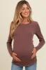 Brown Ribbed Scoop Neck Long Sleeve Maternity Top sold by Pinkblush
