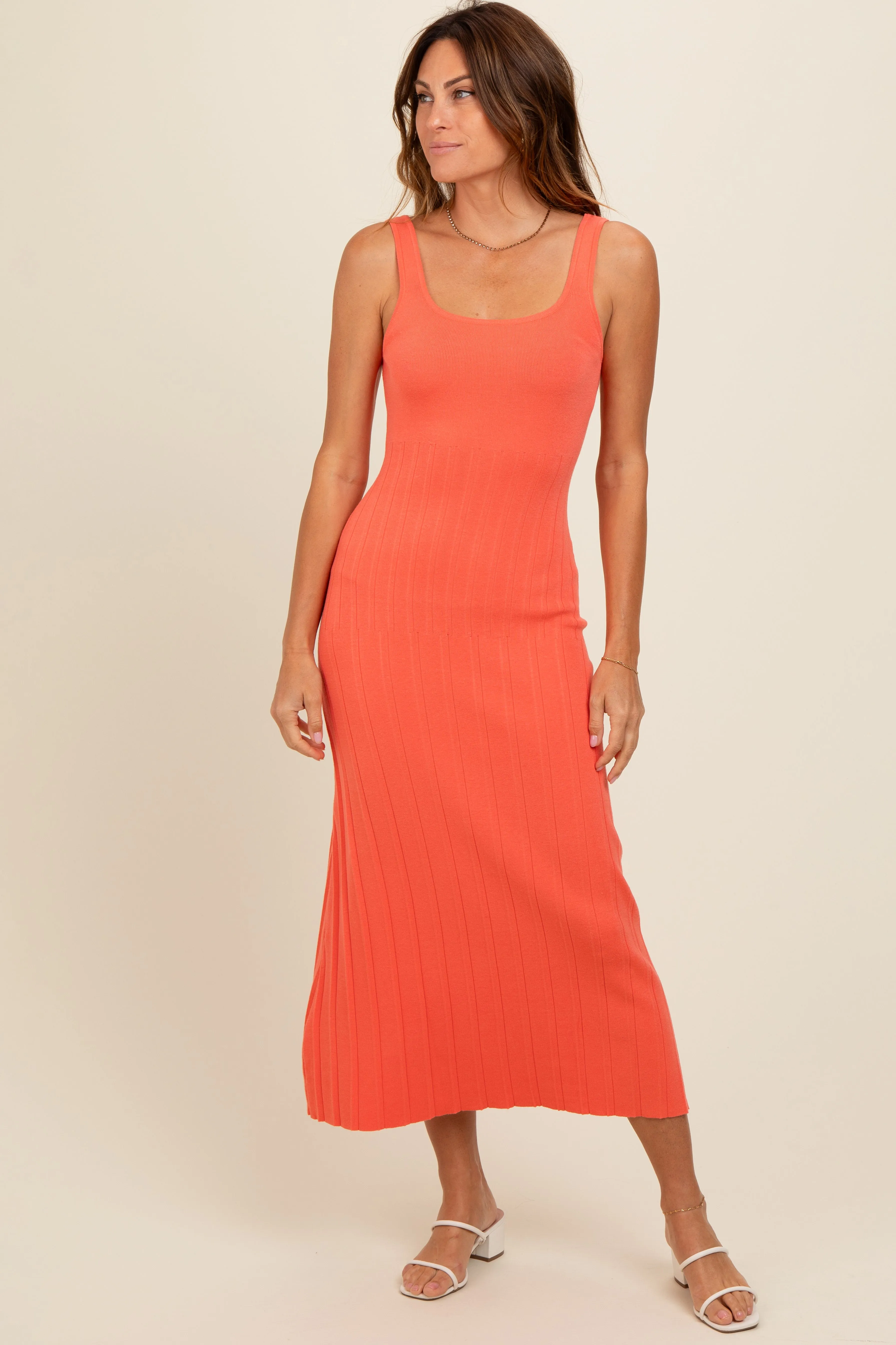Orange Knit Ribbed Fitted Midi Dress sold by Pinkblush product image thumbnail 2
