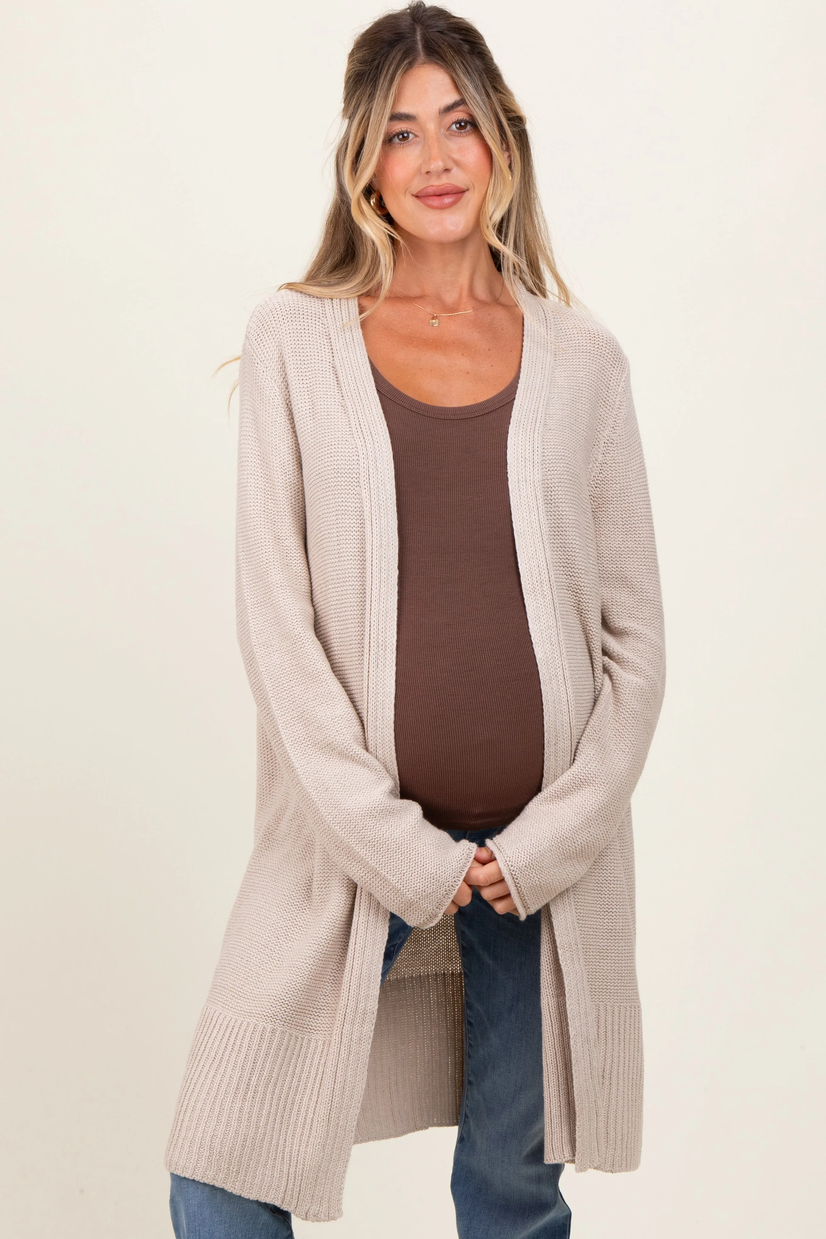 Beige Contrast Rib Long Maternity Open Cardigan sold by Pinkblush