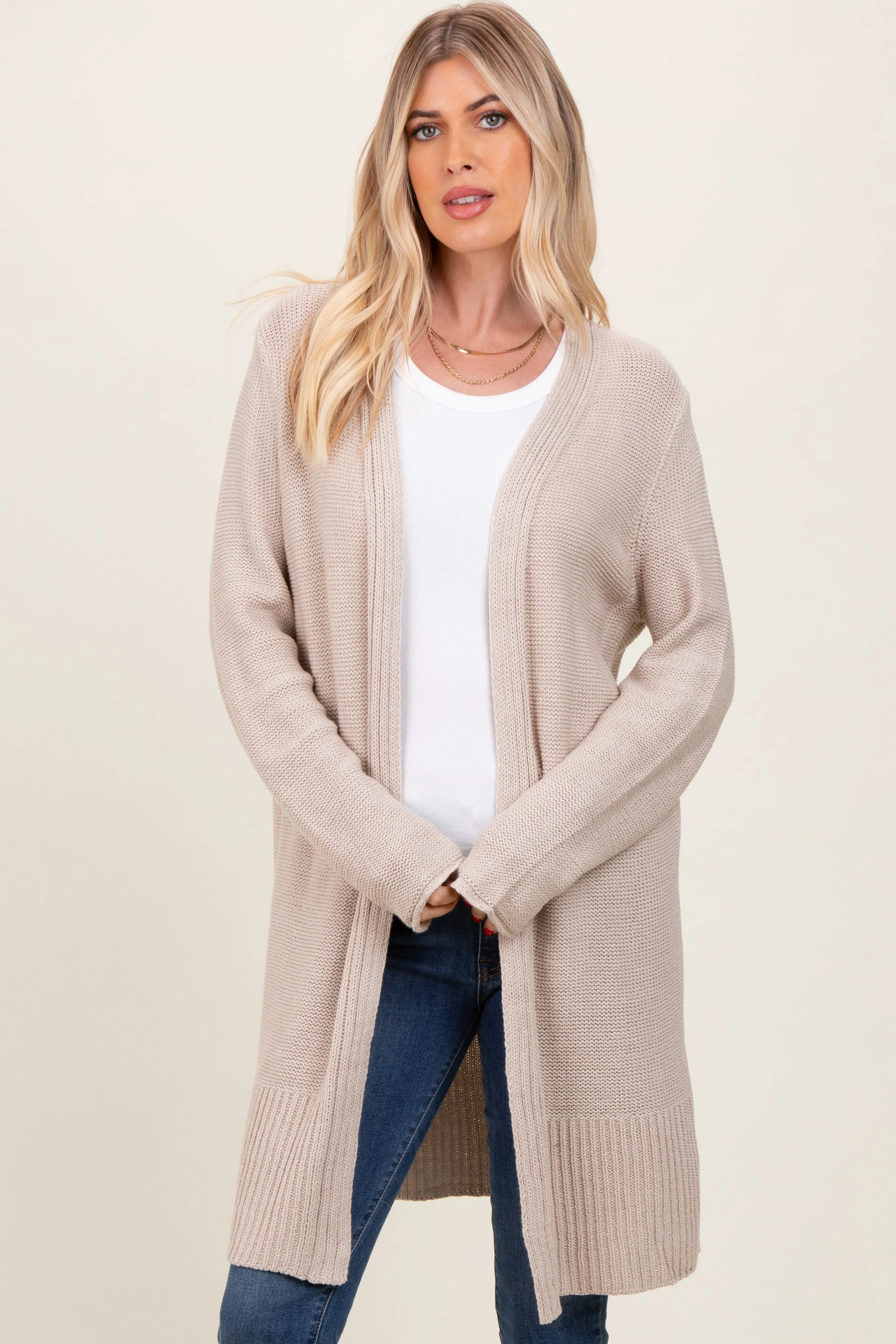 Beige Contrast Rib Long Maternity Open Cardigan sold by Pinkblush product image thumbnail 5