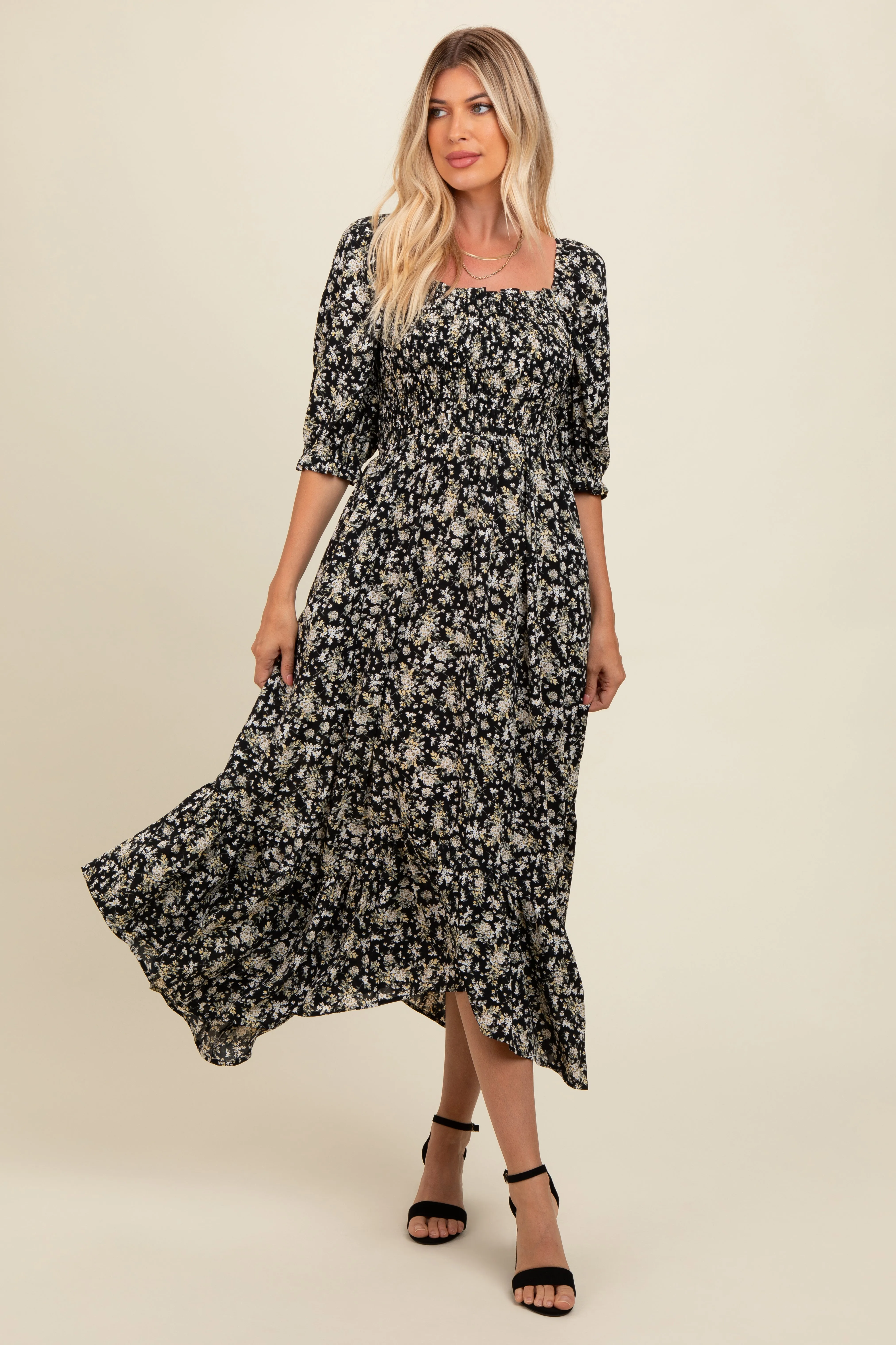 Black Smocked Handkerchief Hem Dress sold by Pinkblush product image thumbnail 2