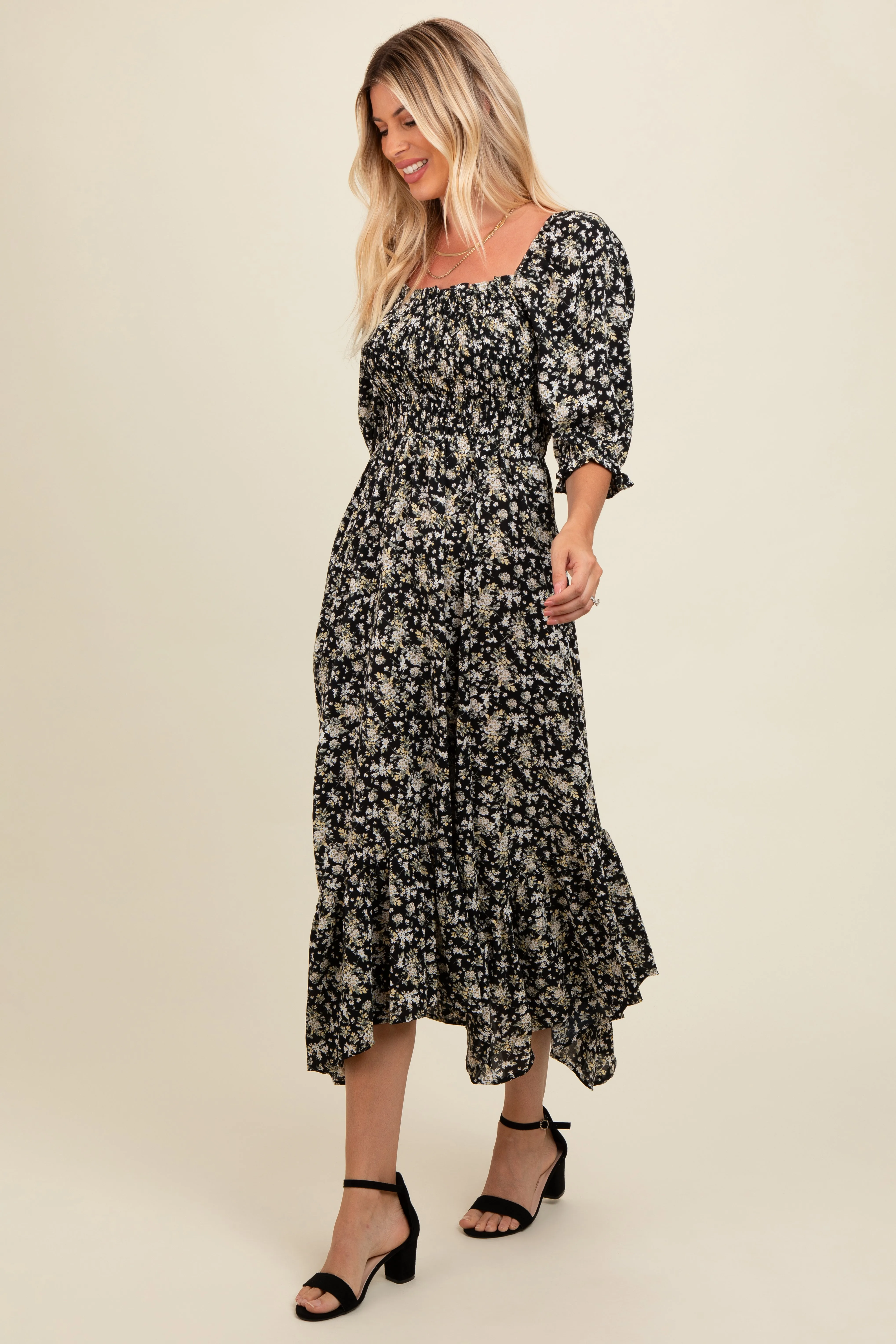 Black Smocked Handkerchief Hem Dress sold by Pinkblush product image thumbnail 3