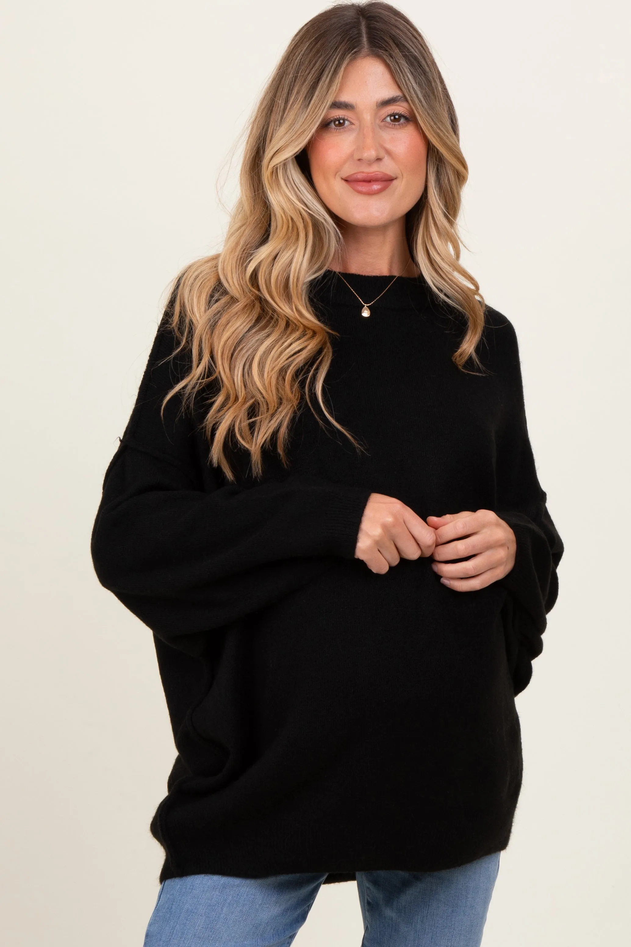 Black Oversized Crewneck Melange Knit Maternity Sweater sold by Pinkblush