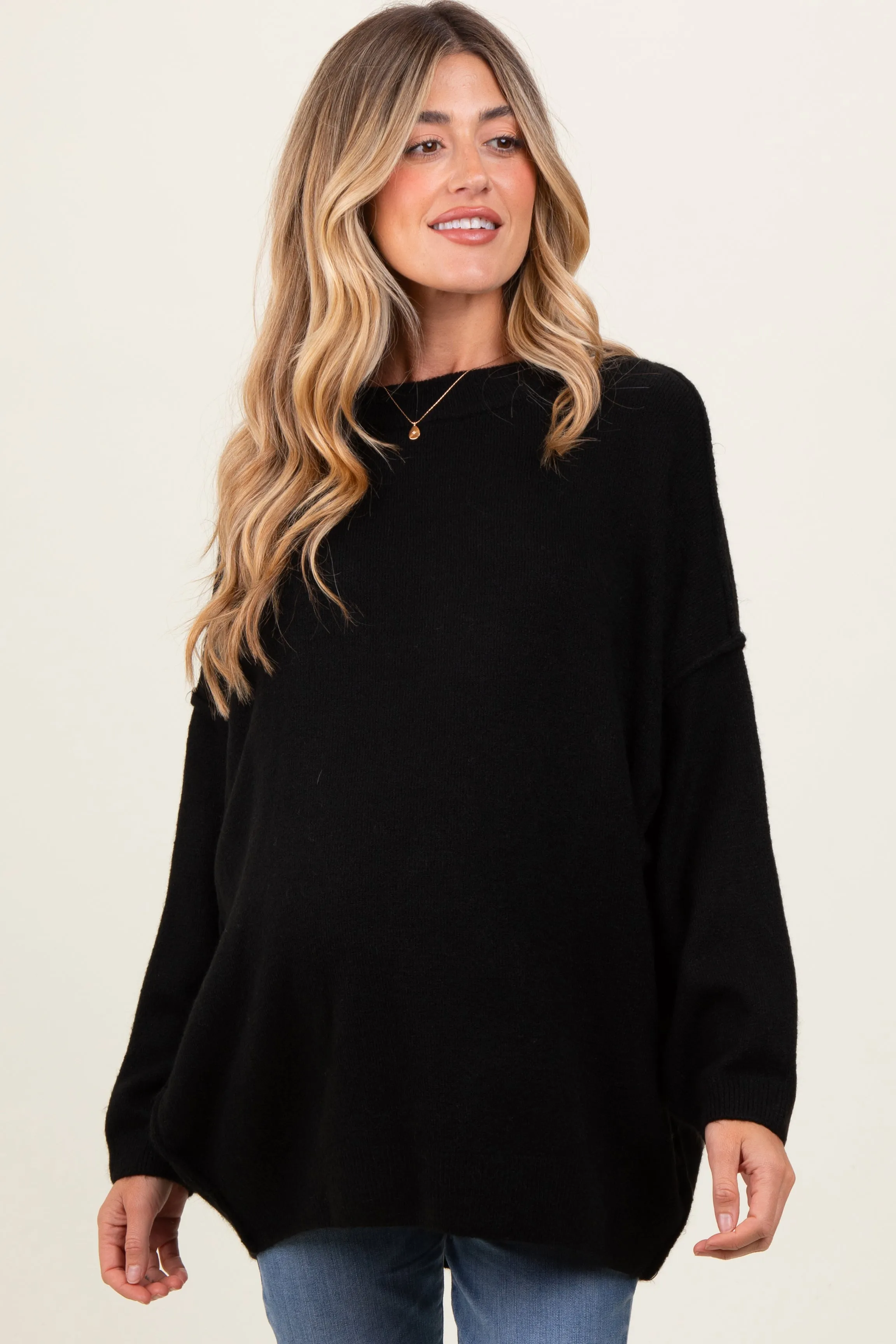 Black Oversized Crewneck Melange Knit Maternity Sweater sold by Pinkblush product image thumbnail 2