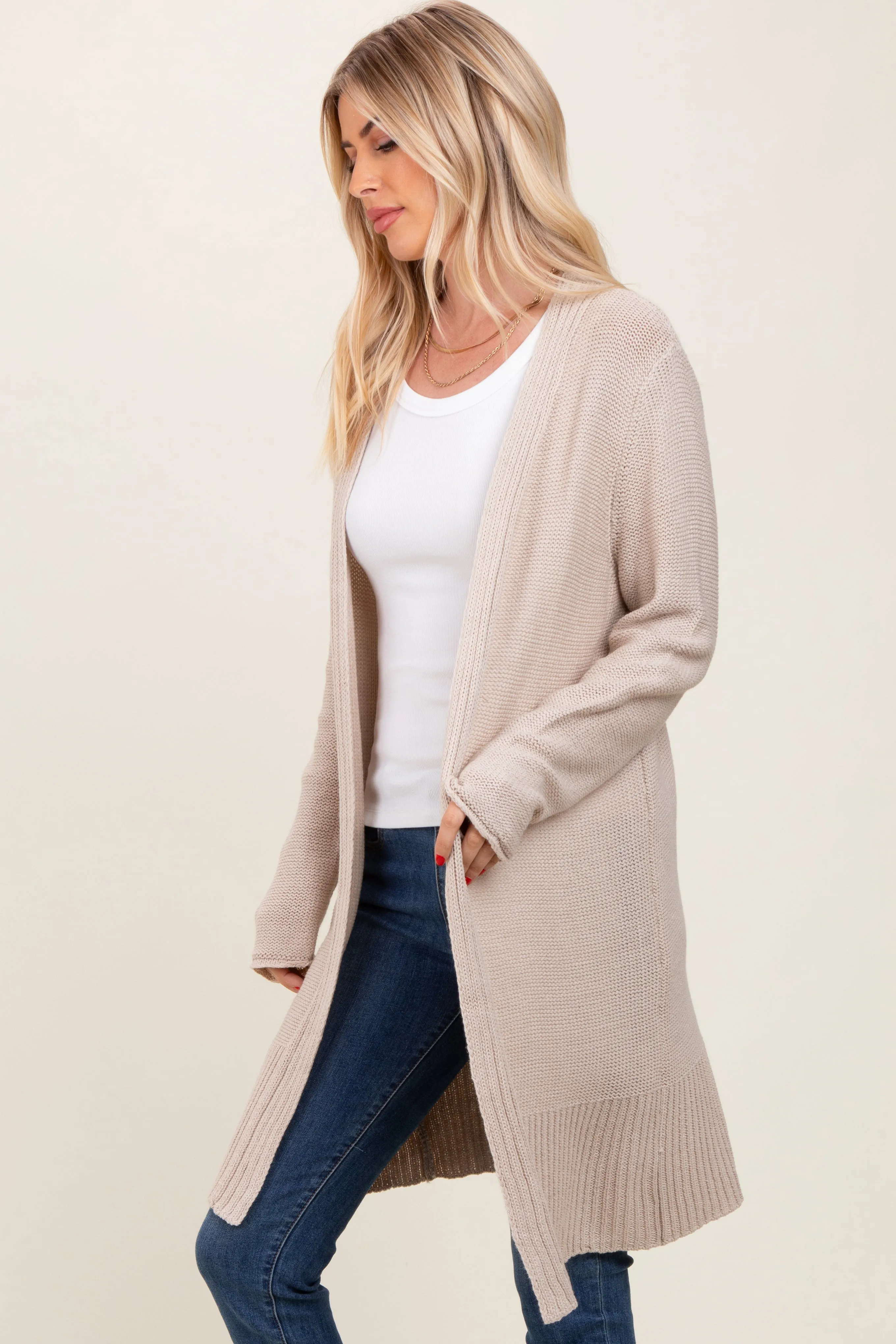 Beige Contrast Rib Long Open Cardigan sold by Pinkblush product image thumbnail 2