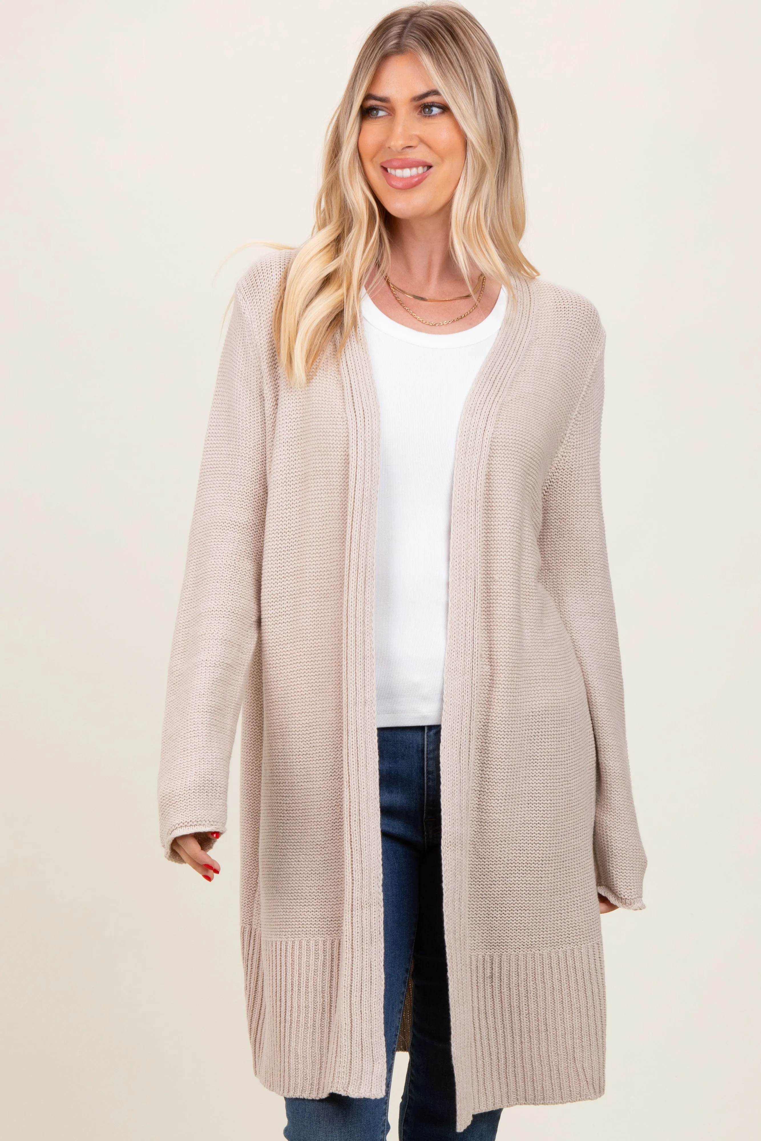 Beige Contrast Rib Long Open Cardigan sold by Pinkblush product image thumbnail 4
