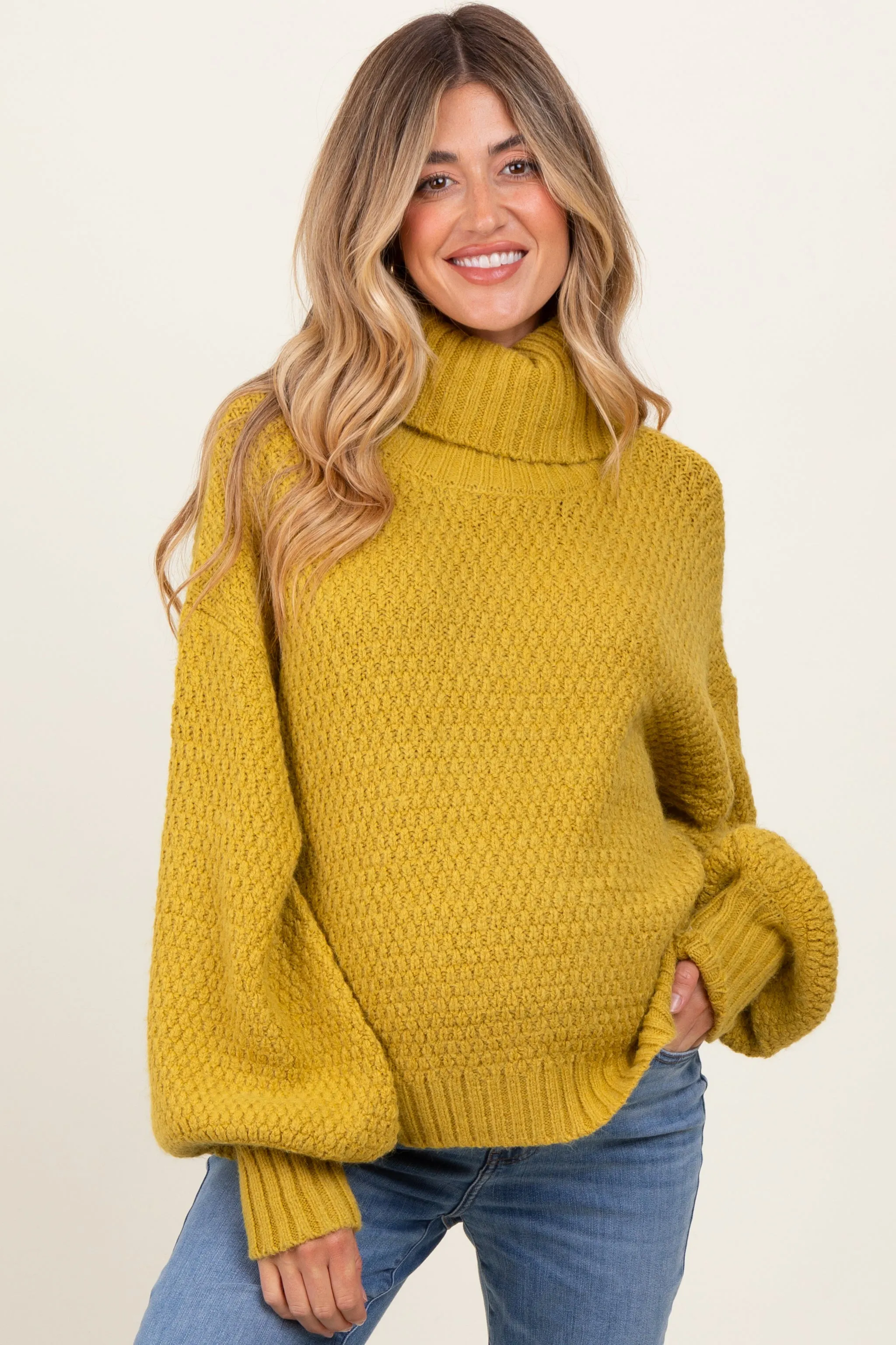 Yellow Chunky Knit Turtleneck Maternity Sweater sold by Pinkblush
