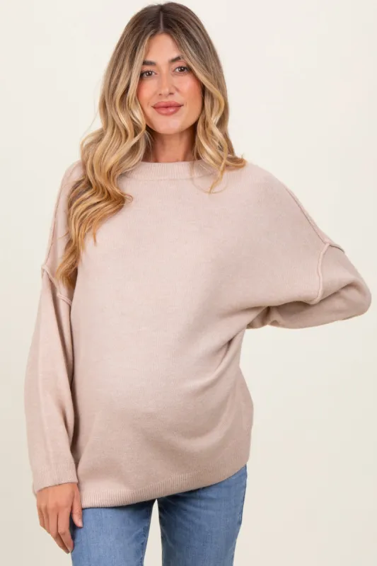 Beige Oversized Crewneck Melange Knit Maternity Sweater sold by Pinkblush