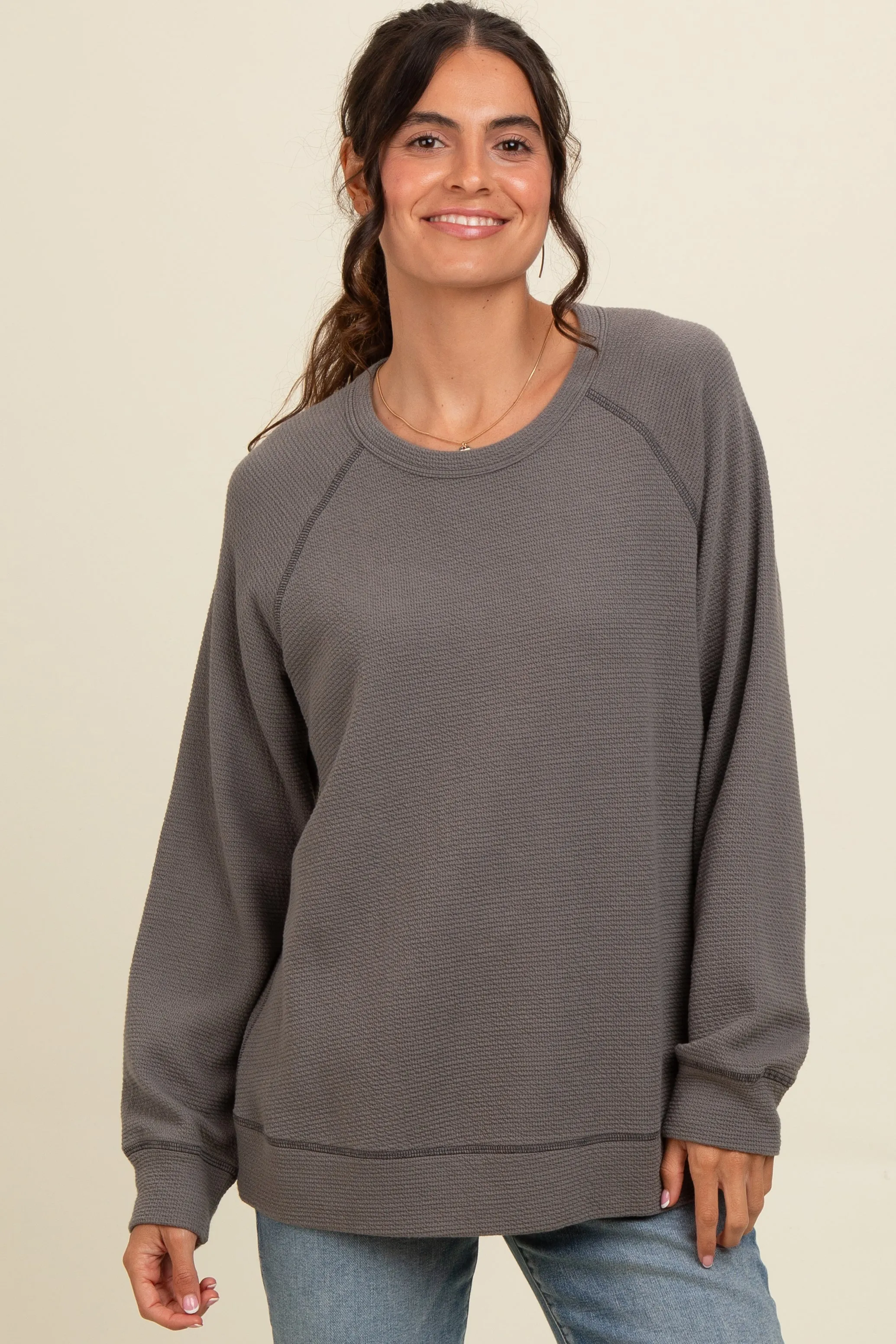 Charcoal Crewneck Waffle Knit Pullover Top sold by Pinkblush