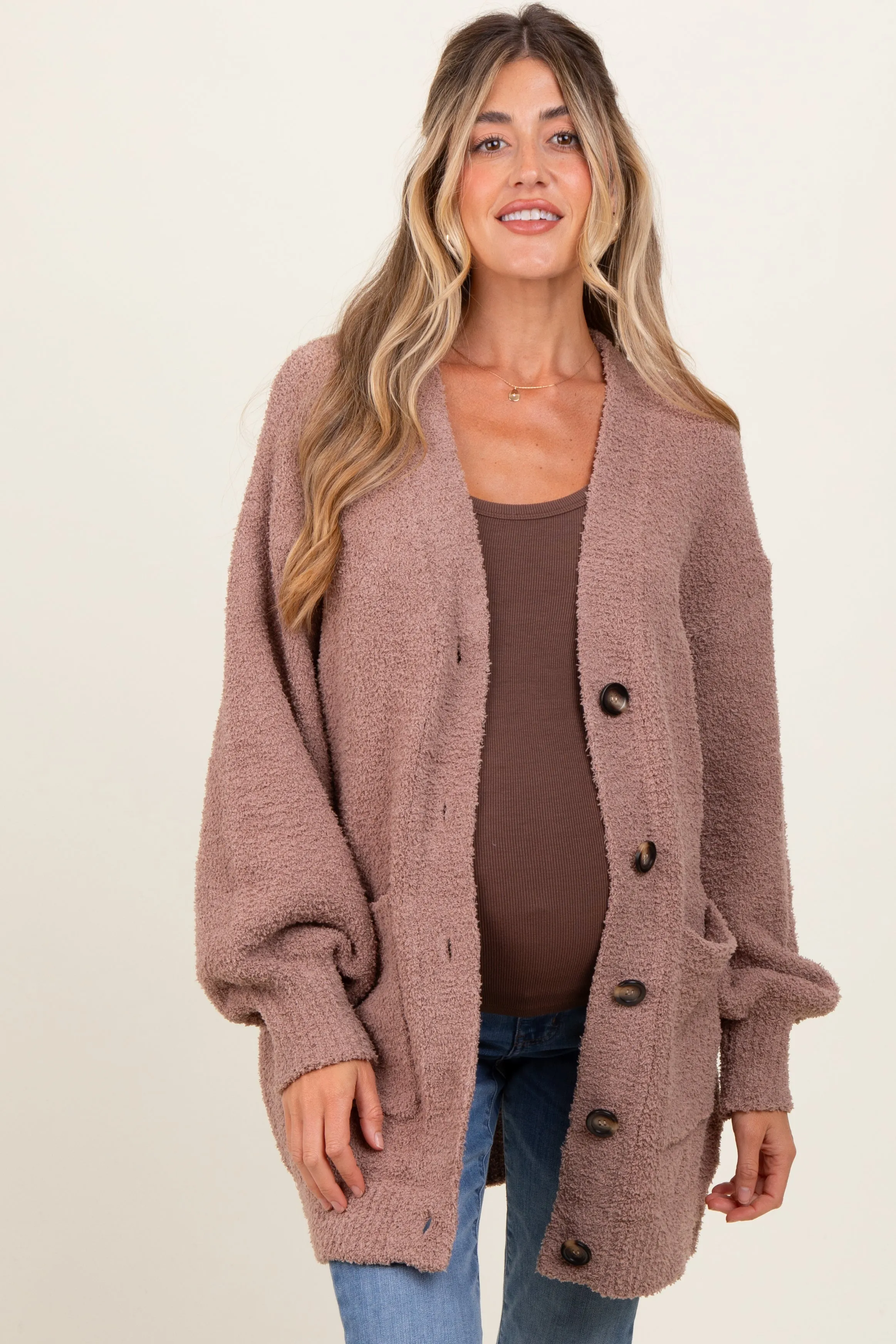 Taupe Fuzzy Knit Oversized Button Up Maternity Cardigan sold by Pinkblush