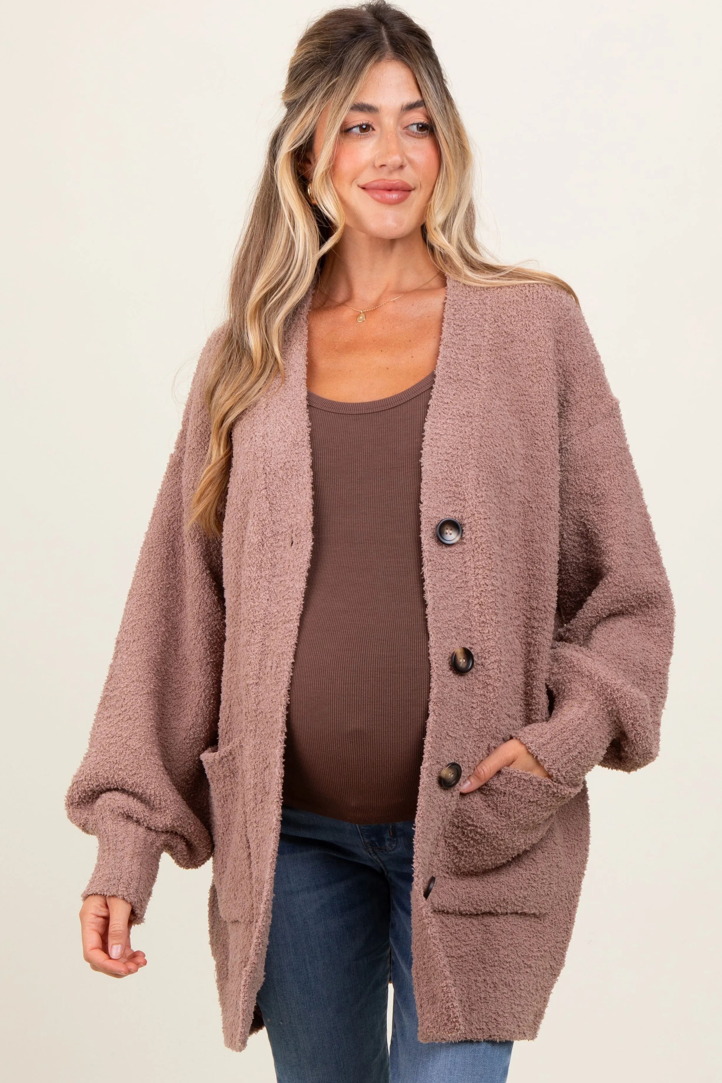 Taupe Fuzzy Knit Oversized Button Up Maternity Cardigan sold by Pinkblush product image thumbnail 2