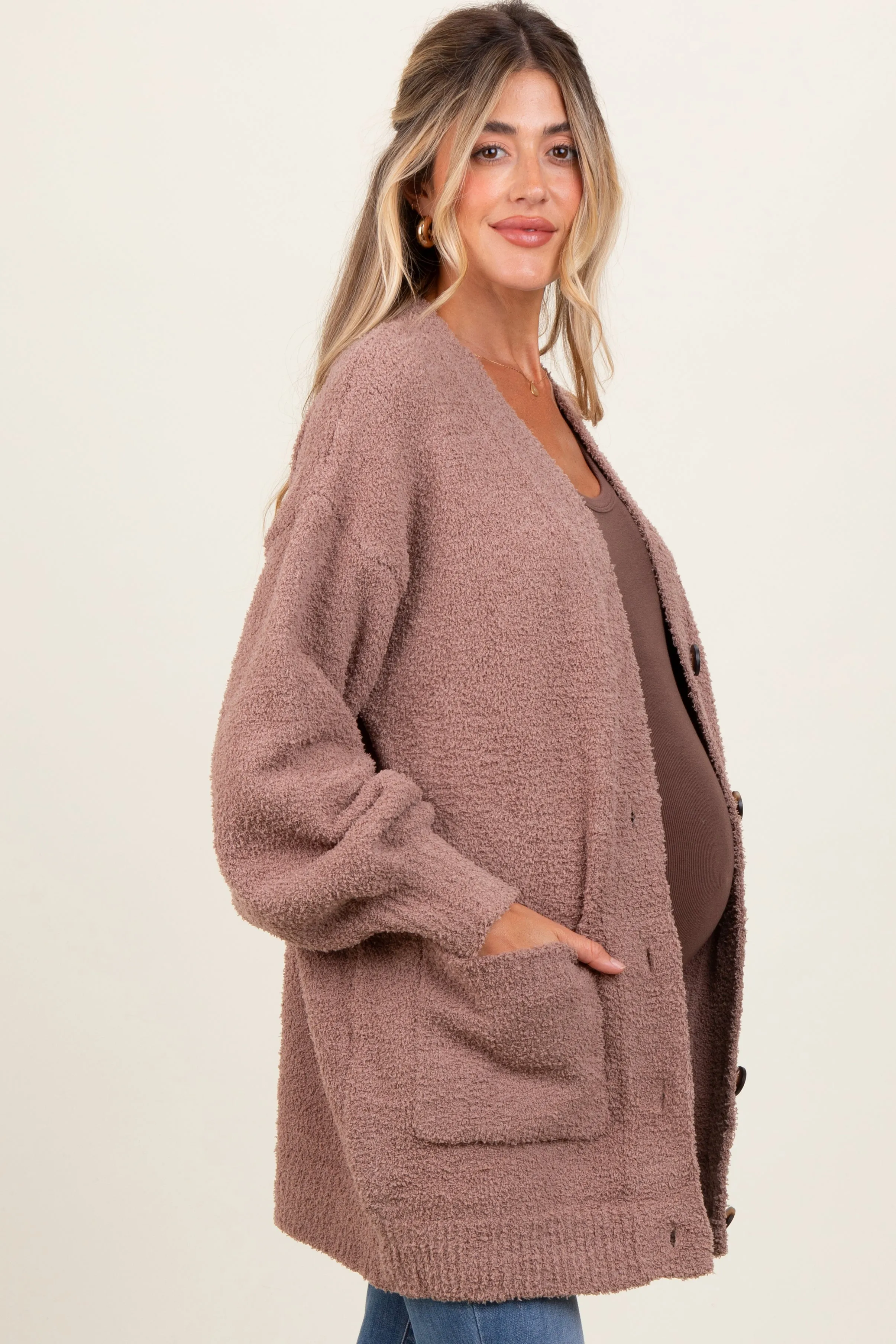 Taupe Fuzzy Knit Oversized Button Up Maternity Cardigan sold by Pinkblush product image thumbnail 3